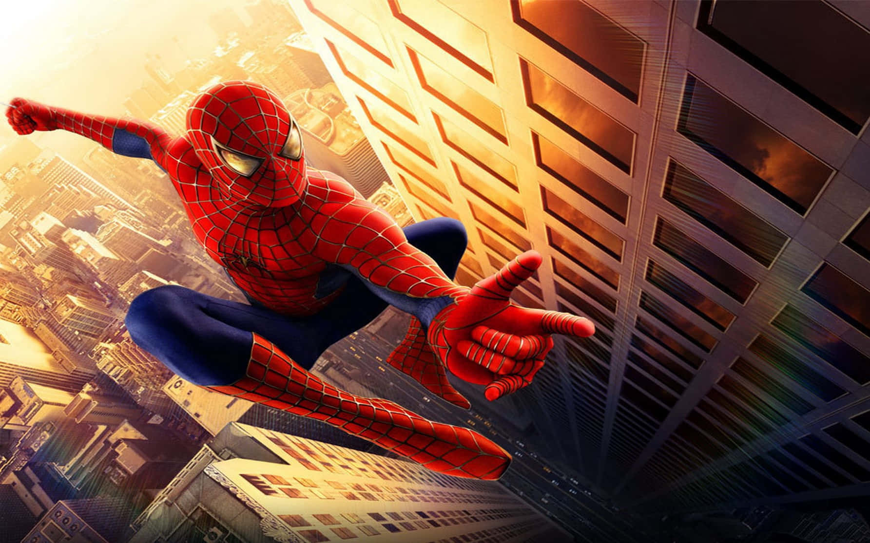 Spiderman Face 桌布 壁紙 — 蜘蛛人在陽光普照的城市景觀上動態翱翔，摩天大樓延伸至金色的天空。