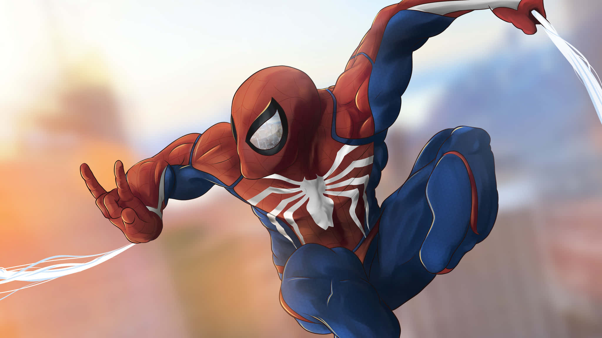 Ultimate Spider-man 桌布 壁紙 — 蜘蛛人在陽光普照的城市景觀中動態擺盪，身後拖著蜘蛛網線。