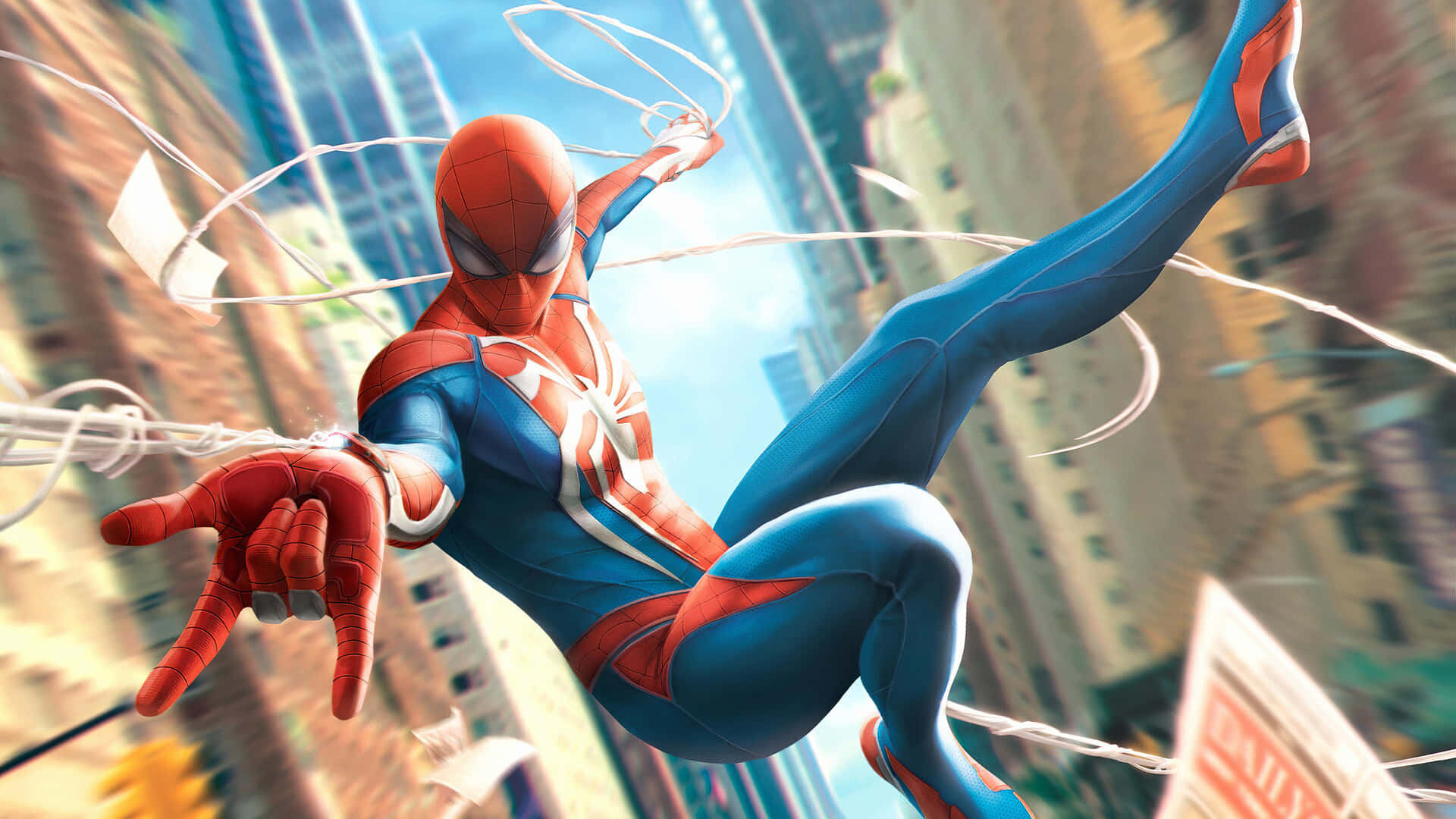 Spider-man Web Slinging 桌布 壁紙 — 蜘蛛人在陽光普照的城市景觀中動態擺盪，摩天大樓在他蜘蛛網路徑下模糊不清。