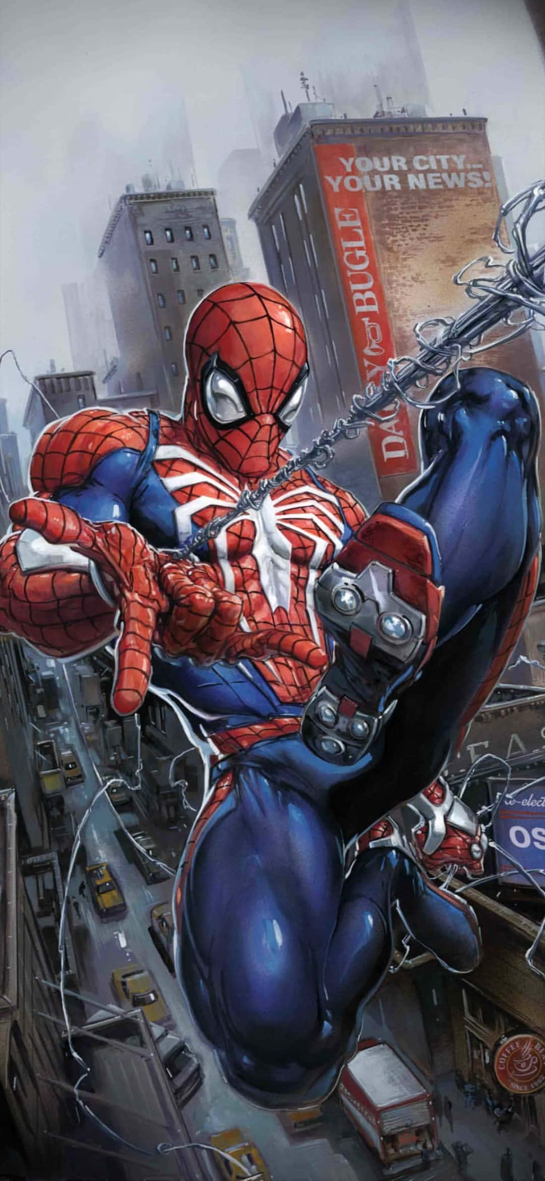 Daily Bugle 桌布 壁紙 — 蜘蛛人在雨中城市景觀中擺盪，蜘蛛網在高樓大廈之間延伸，並可見《號角日報》廣告牌。