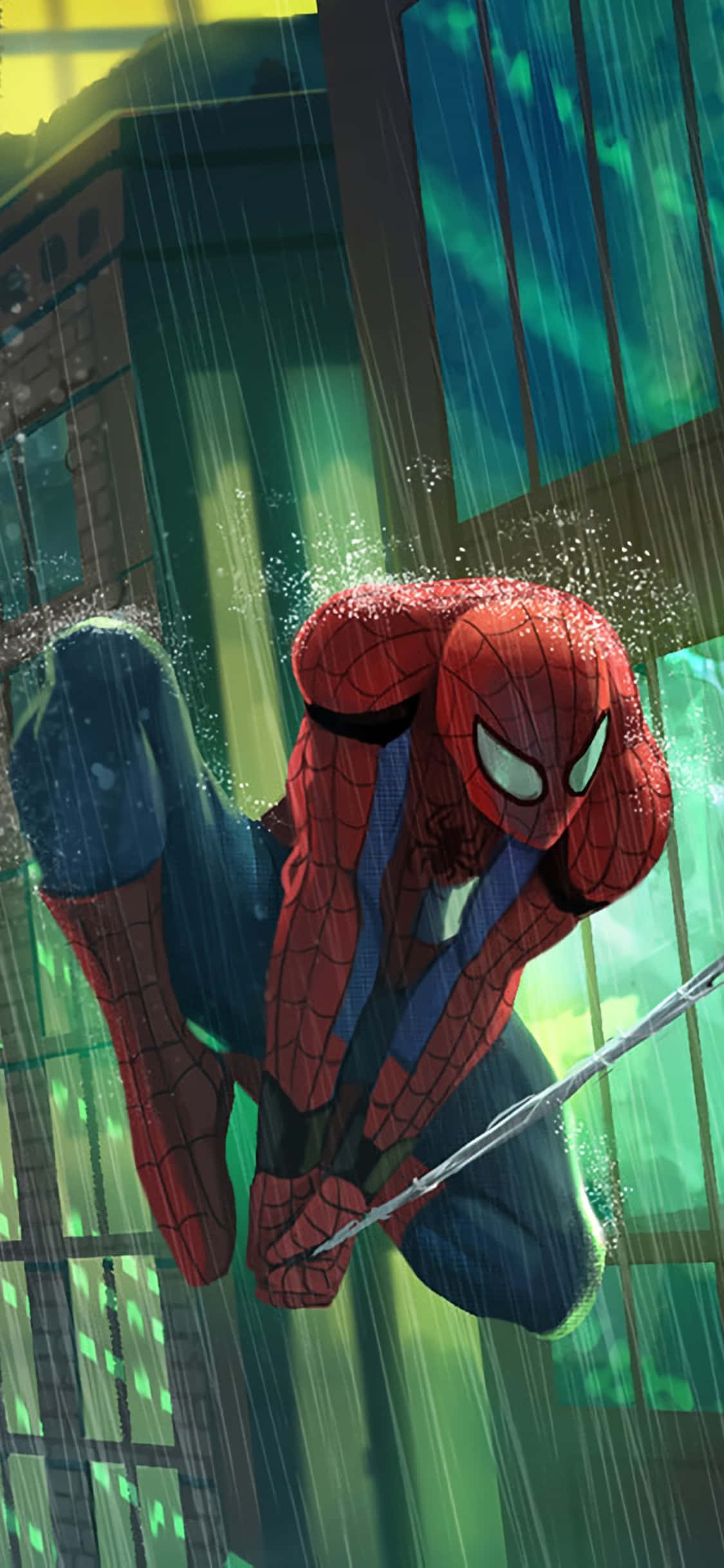 Web-slinging 桌布 壁紙 — 蜘蛛人在雨中的城市景觀中擺盪，霓虹燈光在濕漉漉的玻璃建築上反射。