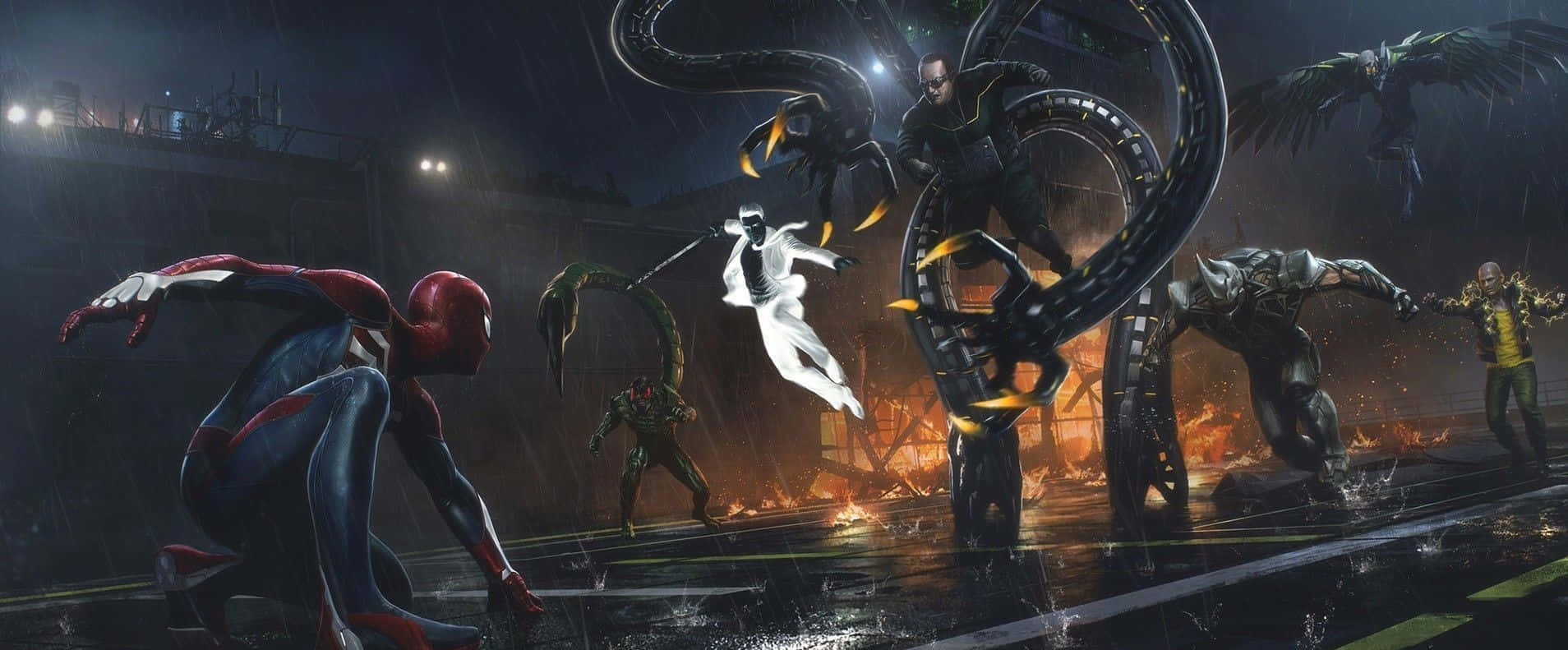 Sinister Six 桌布 壁紙 — 蜘蛛人在雨中蹲下，而包括猛毒和禿鷹在內的多個反派在一場熾熱的城市夜戰中攻擊。