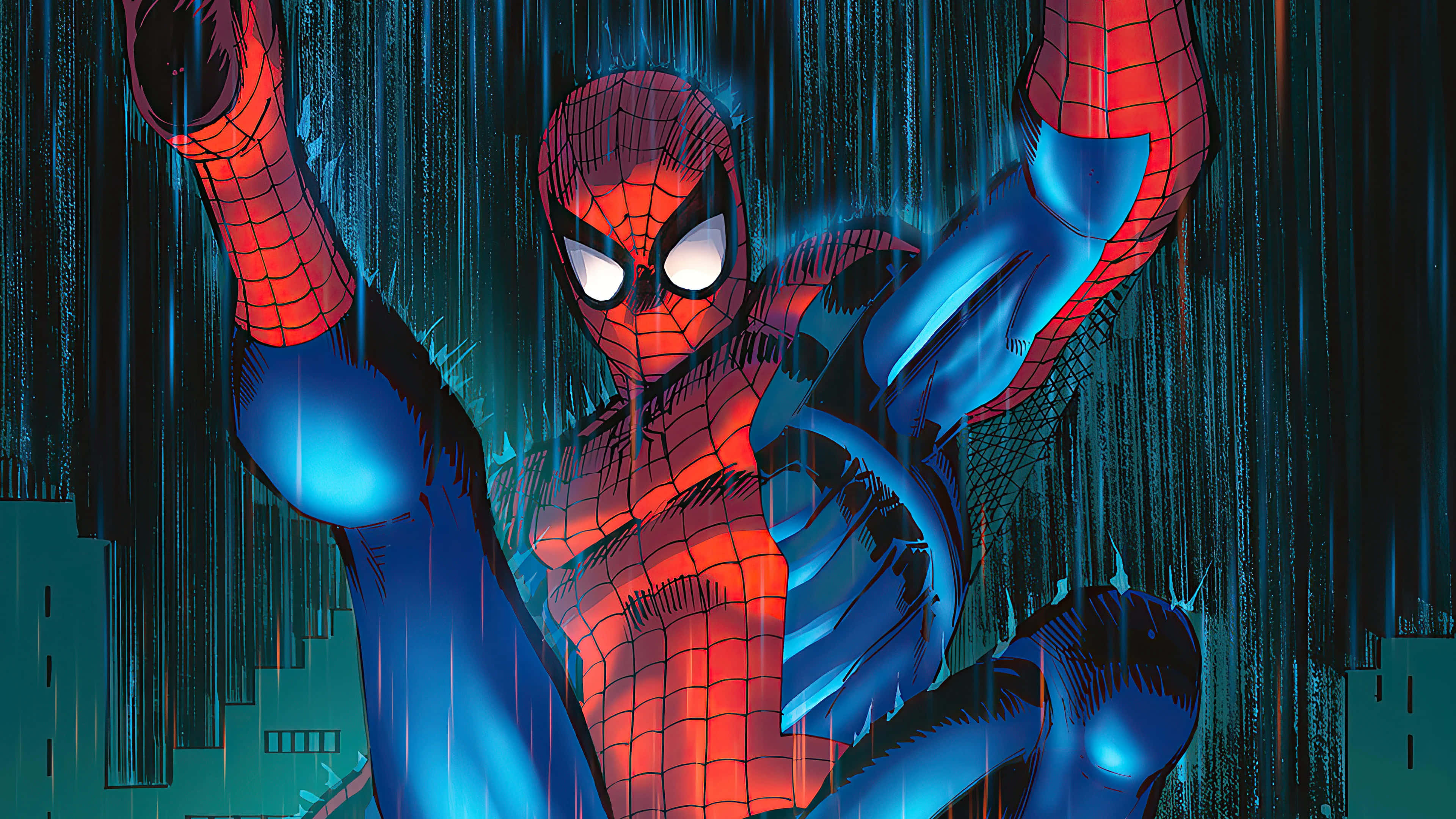 Spider-man Blue 桌布 壁紙 — 蜘蛛人在雨中蹲伏，背景是黑暗的城市景觀，眼睛發光，帶有動態的藍色條紋。