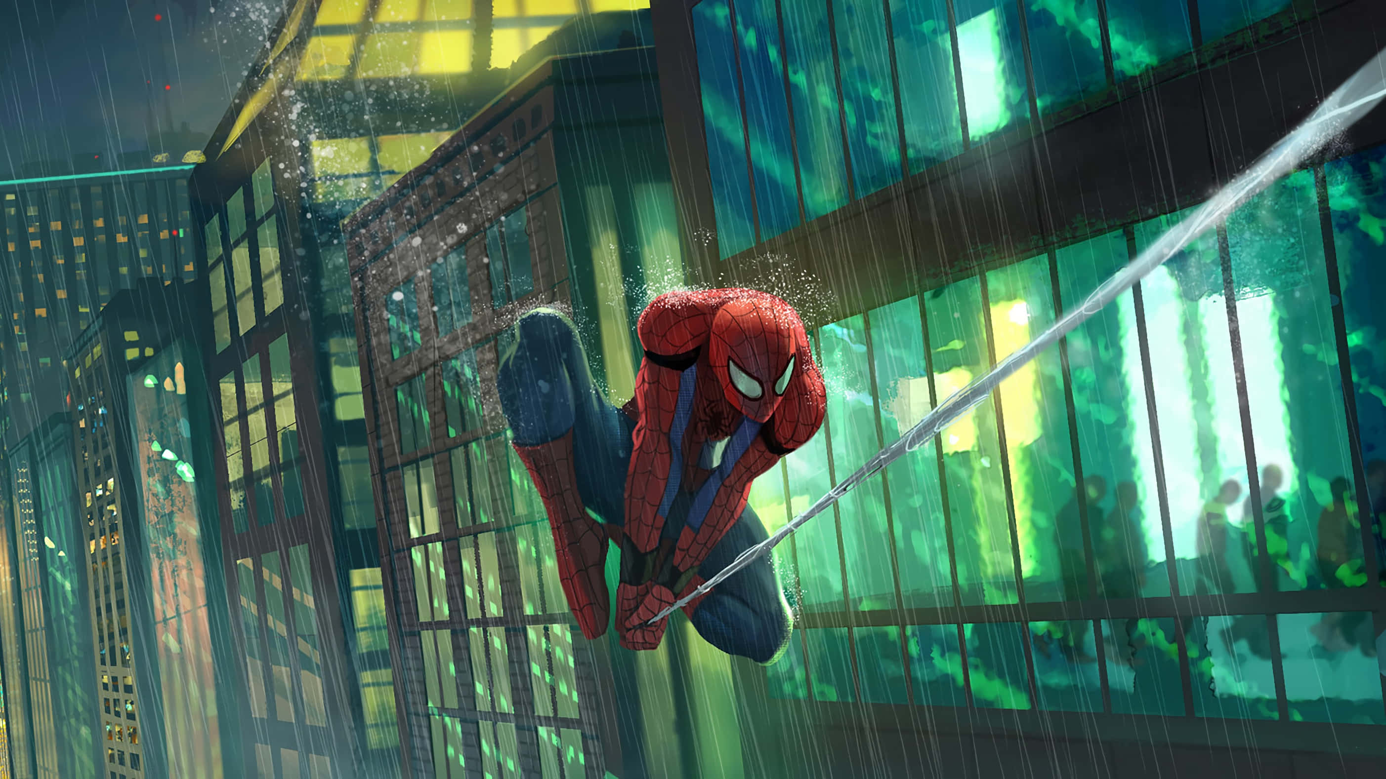 Web-slinging 桌布 壁紙 — 蜘蛛人在雨中霓虹燈閃爍的城市景觀中，在高聳的玻璃建築之間擺盪。