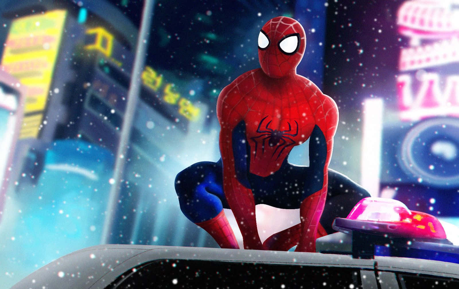 Friendly Neighborhood Spider-man 桌布 壁紙 — 蜘蛛人在雪夜霓虹燈城市景觀中蹲在警車上。