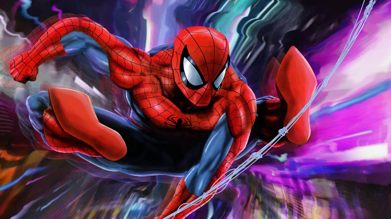 Spiderman 1366x768 桌布 壁紙 — 蜘蛛人在霓虹燈閃爍的城市景觀中動態擺盪，留下紫色和藍色的動態模糊痕跡。