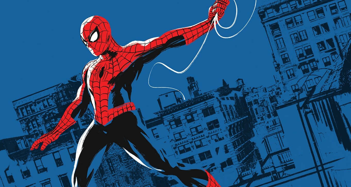 Spider-man Web Slinging 桌布 壁紙 — 蜘蛛人在風格化的藍色城市景觀中擺盪，身後拖著蜘蛛網線。