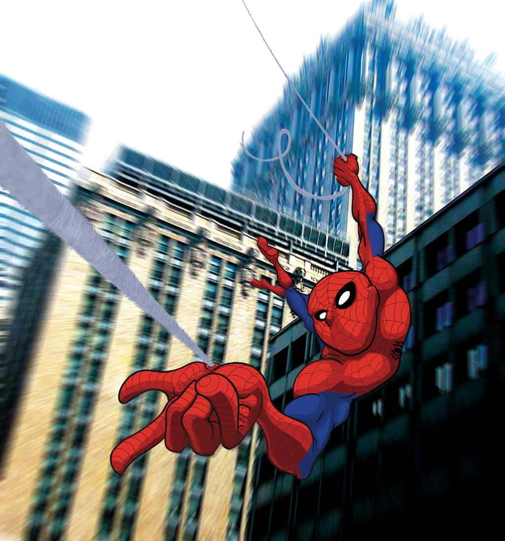 Web-slinging 桌布 壁紙 — 蜘蛛人在高聳的城市摩天大樓之間動態擺盪，動態模糊強調速度。