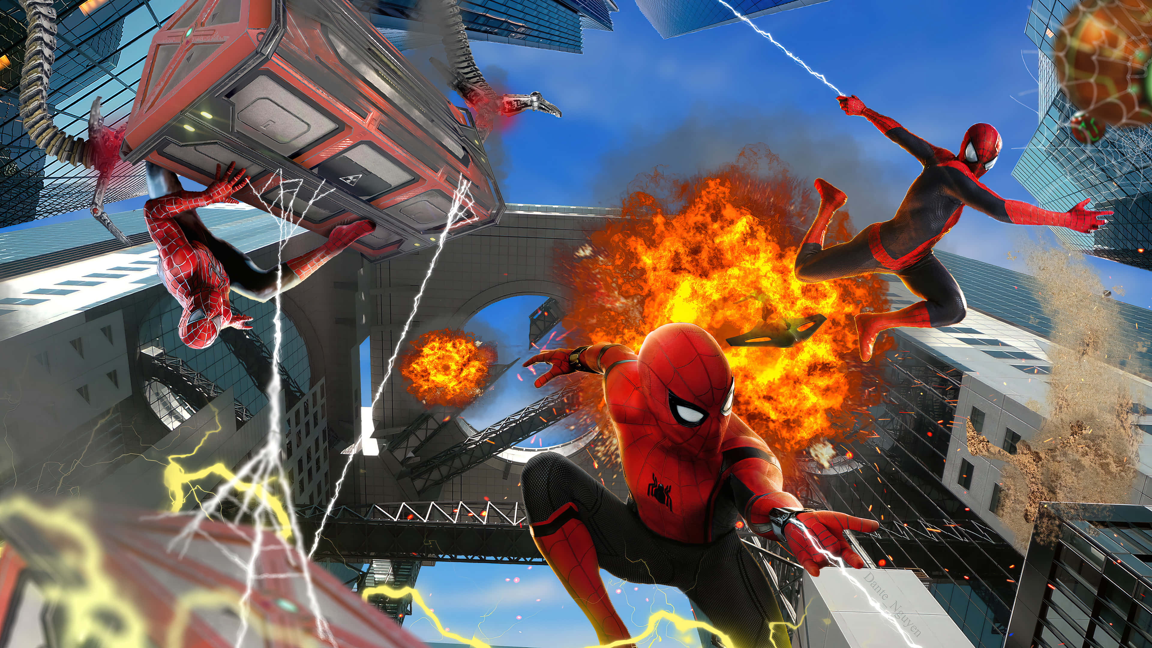 Spider Man No Way Home 桌布 壁紙 — 蜘蛛人在高聳的摩天大樓間擺盪，躲避爆炸和閃電。
