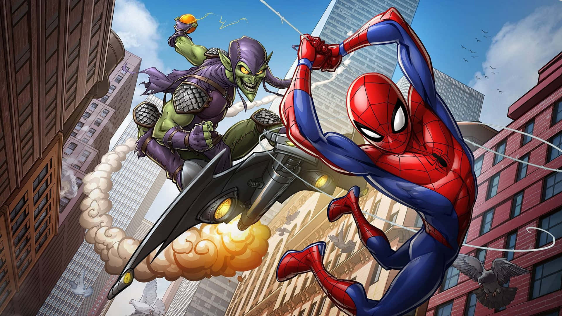 Spider Man Comic 桌布 壁紙 — 蜘蛛人在高聳的摩天大樓間擺盪，躲避一個乘坐噴射背包的綠色飛行反派。