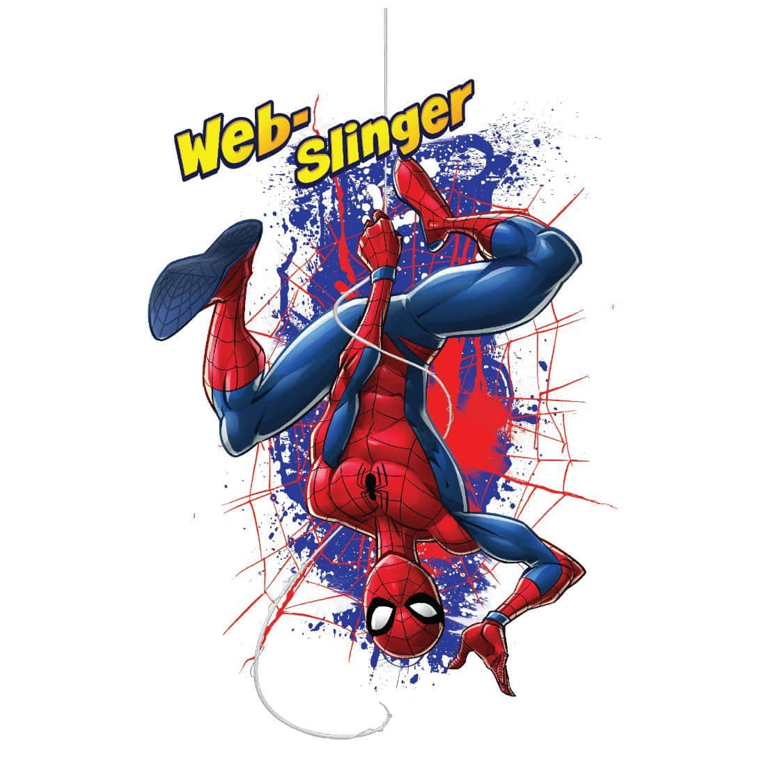 Web-slinging 桌布 壁紙 — 蜘蛛人在鮮豔的紅色和藍色潑濺背景上動態擺盪，帶有「Web-Slinger」文字。