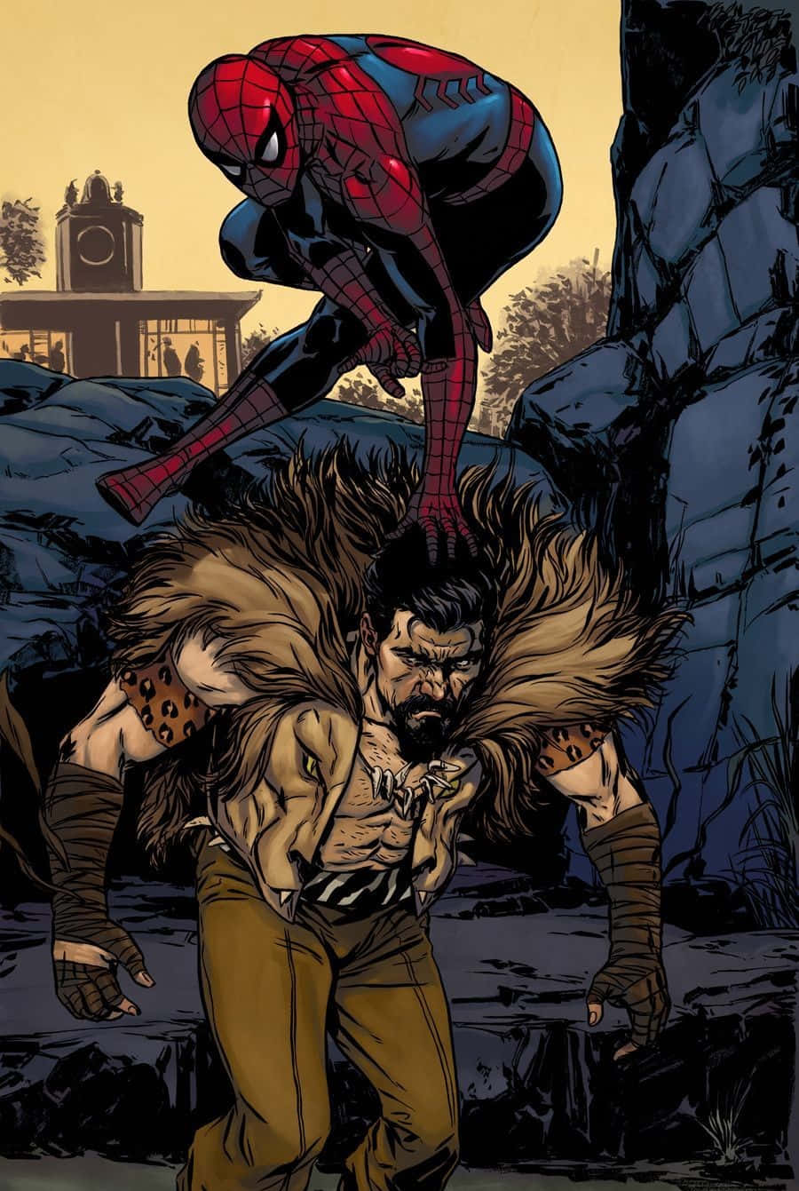 Kraven The Hunter 桌布 壁紙 — 蜘蛛人在黃昏城市背景下跳過一個肌肉發達、鬍鬚濃密、披著毛皮襯裡斗篷的男人。