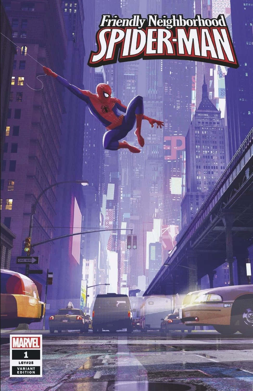 Friendly Neighborhood Spider-man 桌布 壁紙 — 蜘蛛人在黃昏時分穿梭於霓虹燈照亮嘅紐約市街道，下方有高聳嘅摩天大樓同黃色嘅的士。