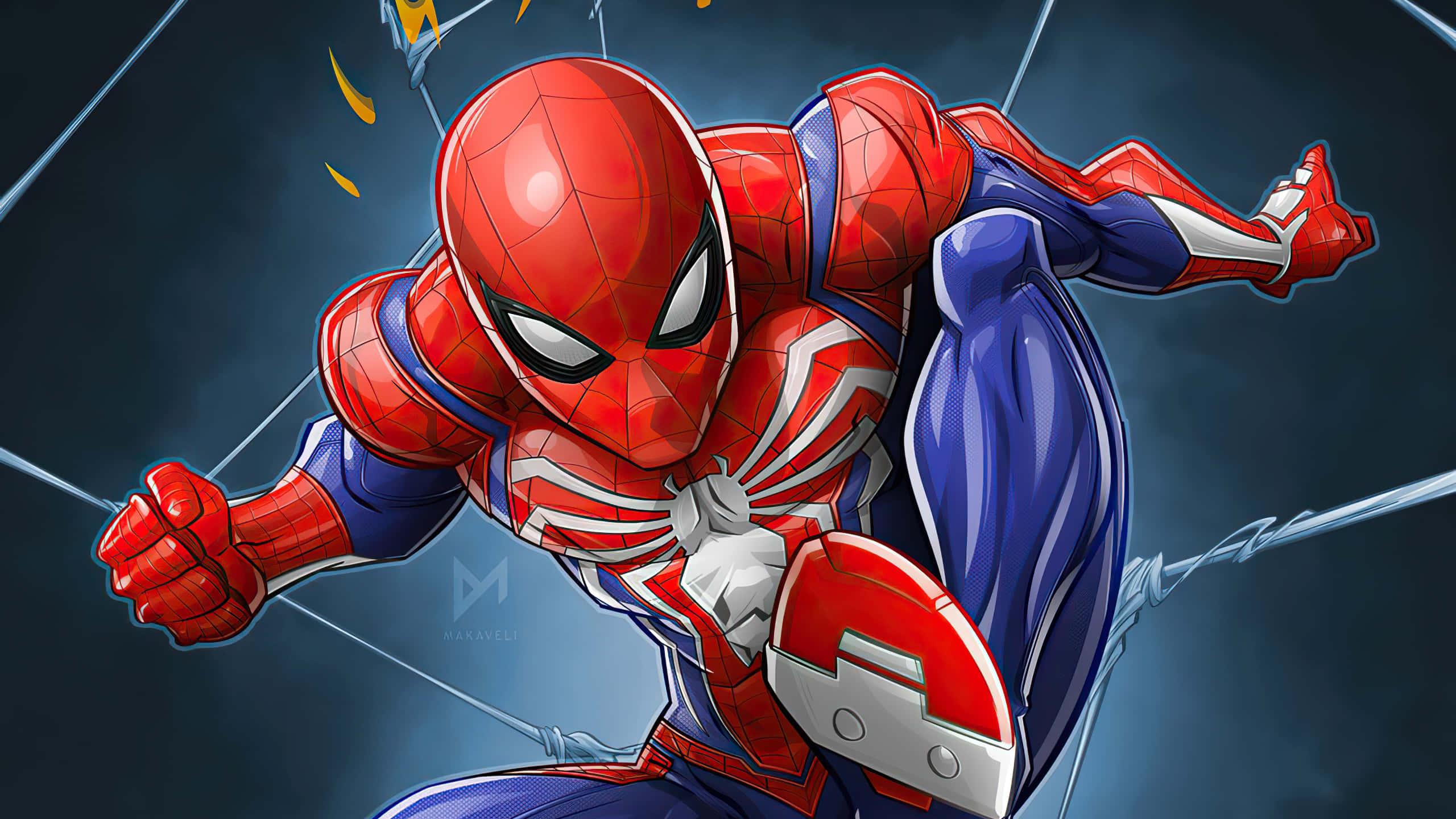 Spider Man Cool 桌布 壁紙 — 蜘蛛人在黑暗的城市天空中動態擺盪，蜘蛛絲和動態模糊強調速度和敏捷性。