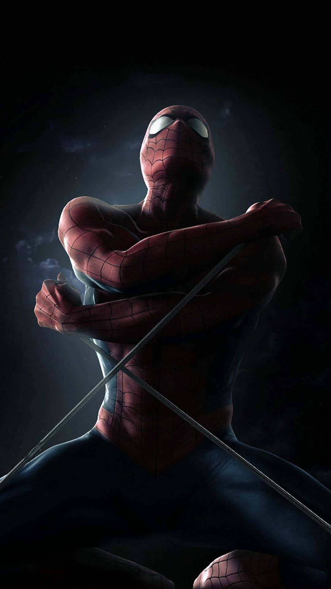 Amazing Spider Man iPhone 桌布 壁紙 — 蜘蛛人在黑暗的電影場景中擺好姿勢，手持蛛絲，雙眼發出強烈光芒。