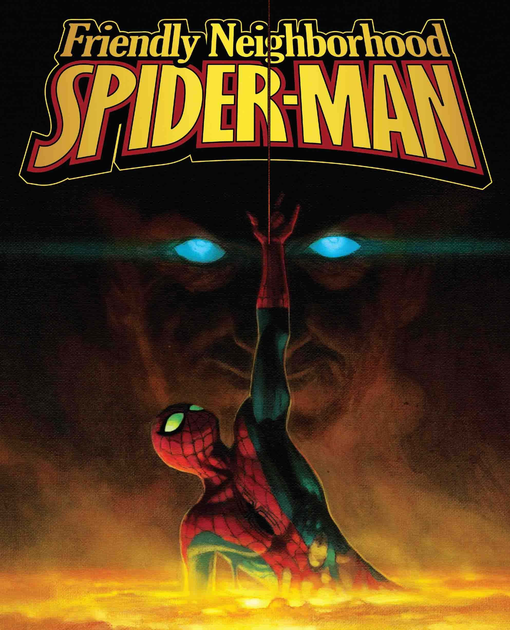 Friendly Neighborhood Spider-man 桌布 壁紙 — 蜘蛛人在黑暗背景下向上伸手，身後有發光的藍色眼睛隱約出現。