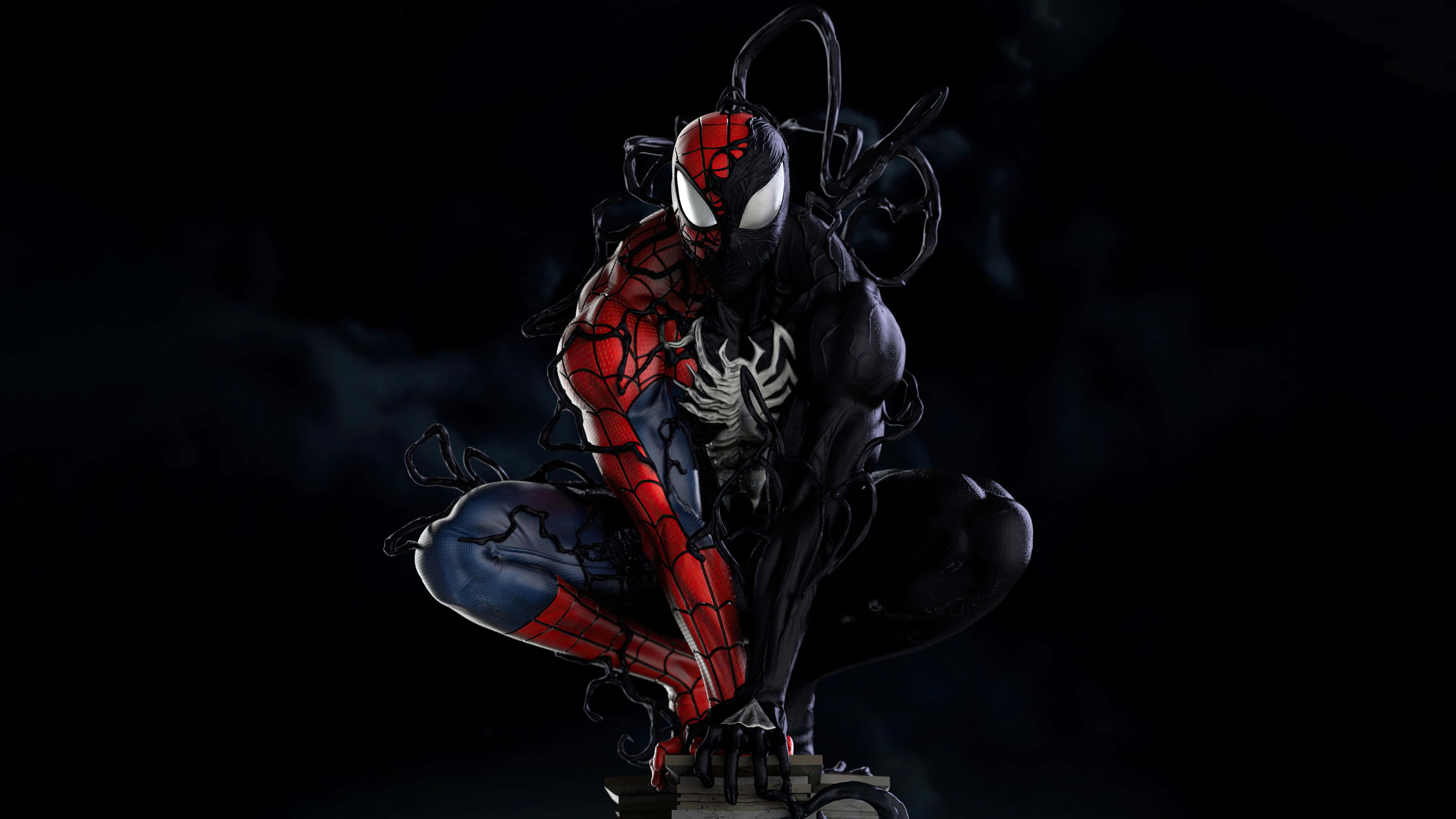 Symbiote 桌布 壁紙 — 蜘蛛人在黑暗風暴環境中蹲伏，與散發詭異白色光芒的黑色共生體觸手融合。