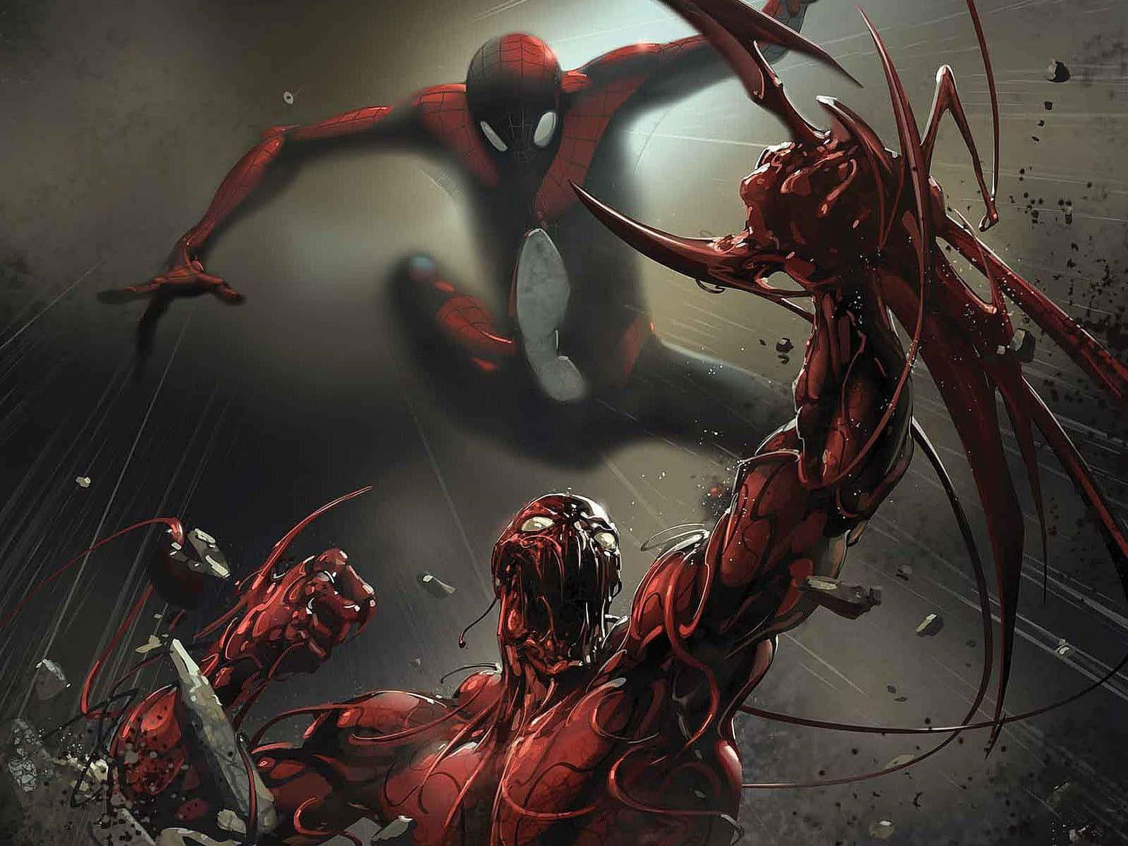 Carnage 桌布 壁紙 — 蜘蛛人在黑暗骯髒的城市環境中躍入戰鬥，對抗一個怪誕的紅色共生體生物。