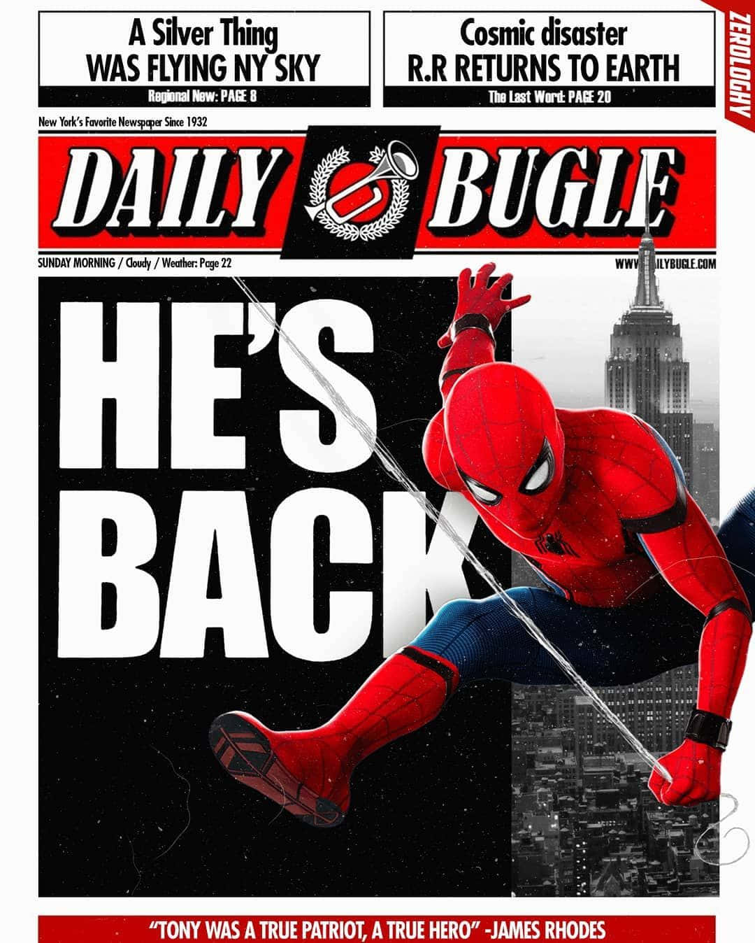 Daily Bugle 桌布 壁紙 — 蜘蛛人在黑白紐約市天際線上動態擺盪，出現在宣佈他回歸的報紙頭版。