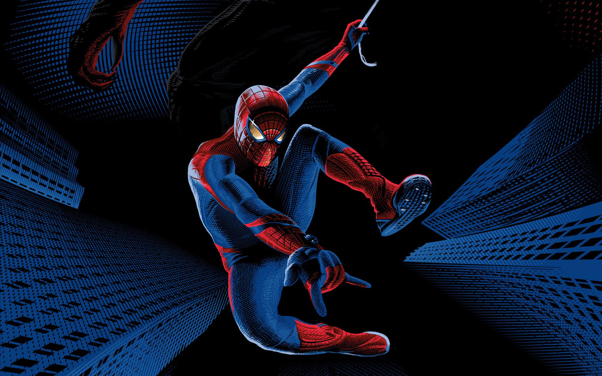 the amazing spider man 桌布 壁紙 — 蜘蛛人在黑色背景上以鮮明的藍色和紅色半色調圖案呈現的風格化城市景觀中動態擺盪。