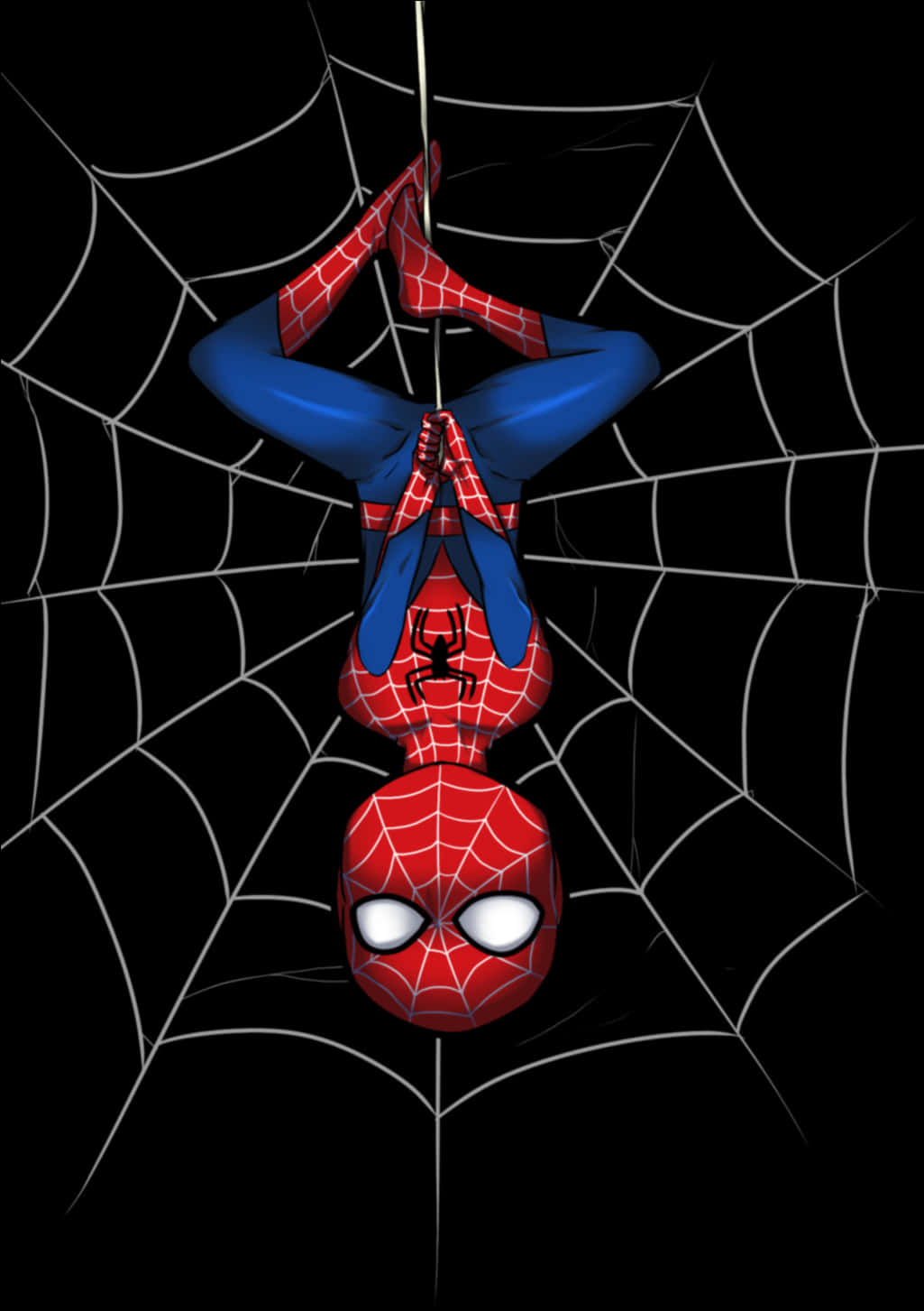 Spiderman Web 桌布 壁紙 — 蜘蛛人在黑色背景上倒掛在白色蜘蛛網中，眼睛發出白色光芒。