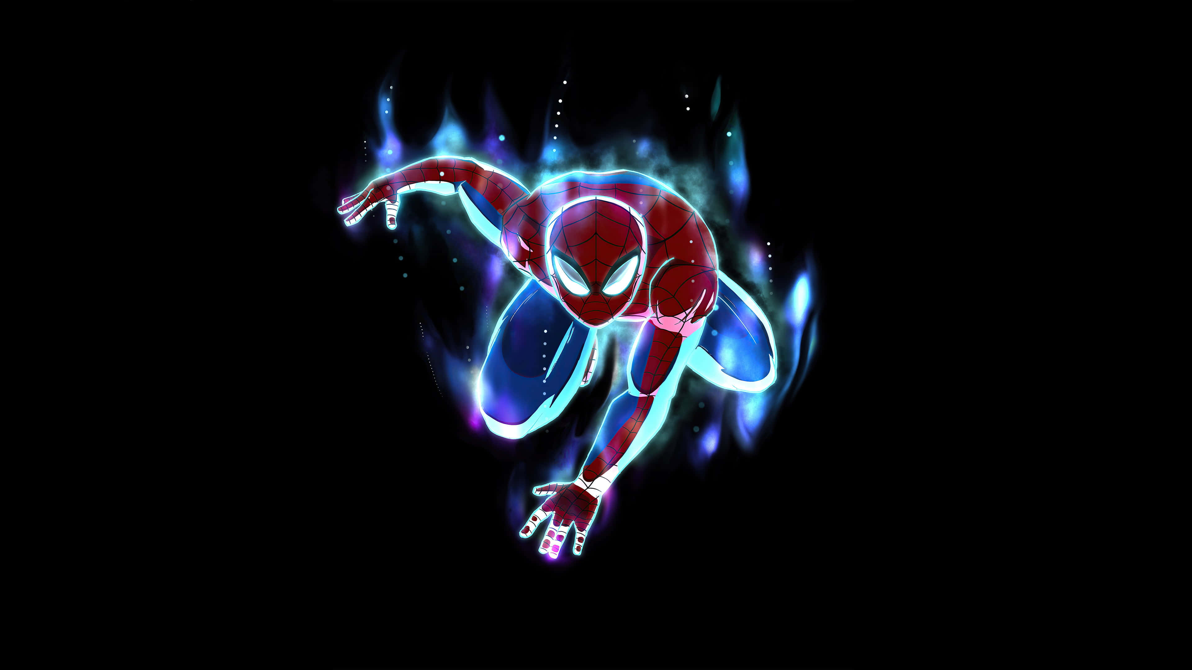 Spider-man Blue 桌布 壁紙 — 蜘蛛人在黑色虛空中散發出電光藍色能量，四肢伸展，動態十足。