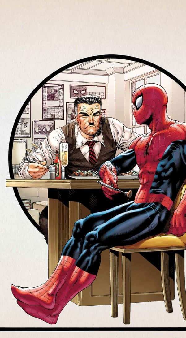 J Jonah Jameson 桌布 壁紙 — 蜘蛛人坐在圓形窗框內的餐廳桌子對面，對面是一位嚴肅的男子。