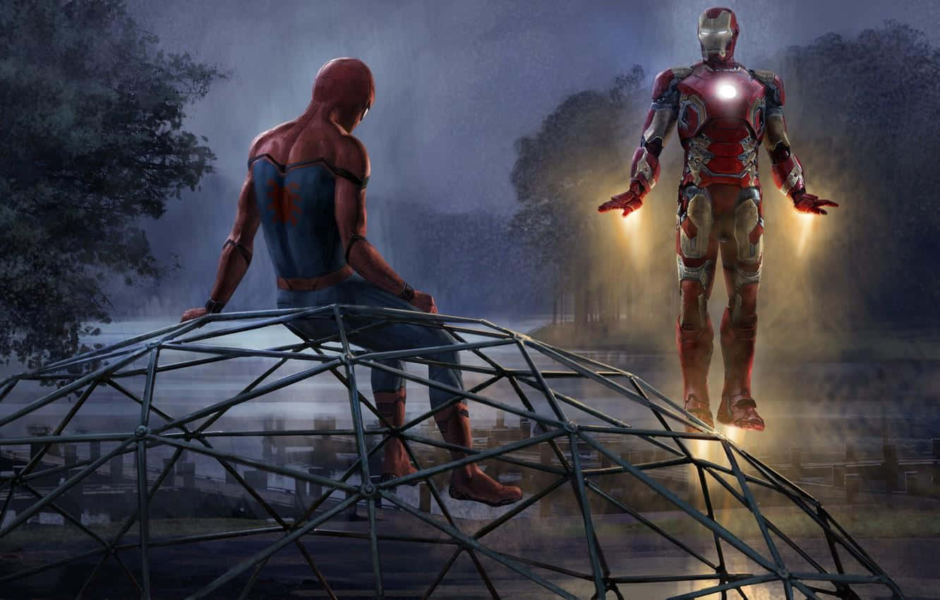 Iron Man Art 桌布 壁紙 — 蜘蛛人坐在金屬圓頂結構上，面向在黃昏薄霧森林中懸浮的鋼鐵人。