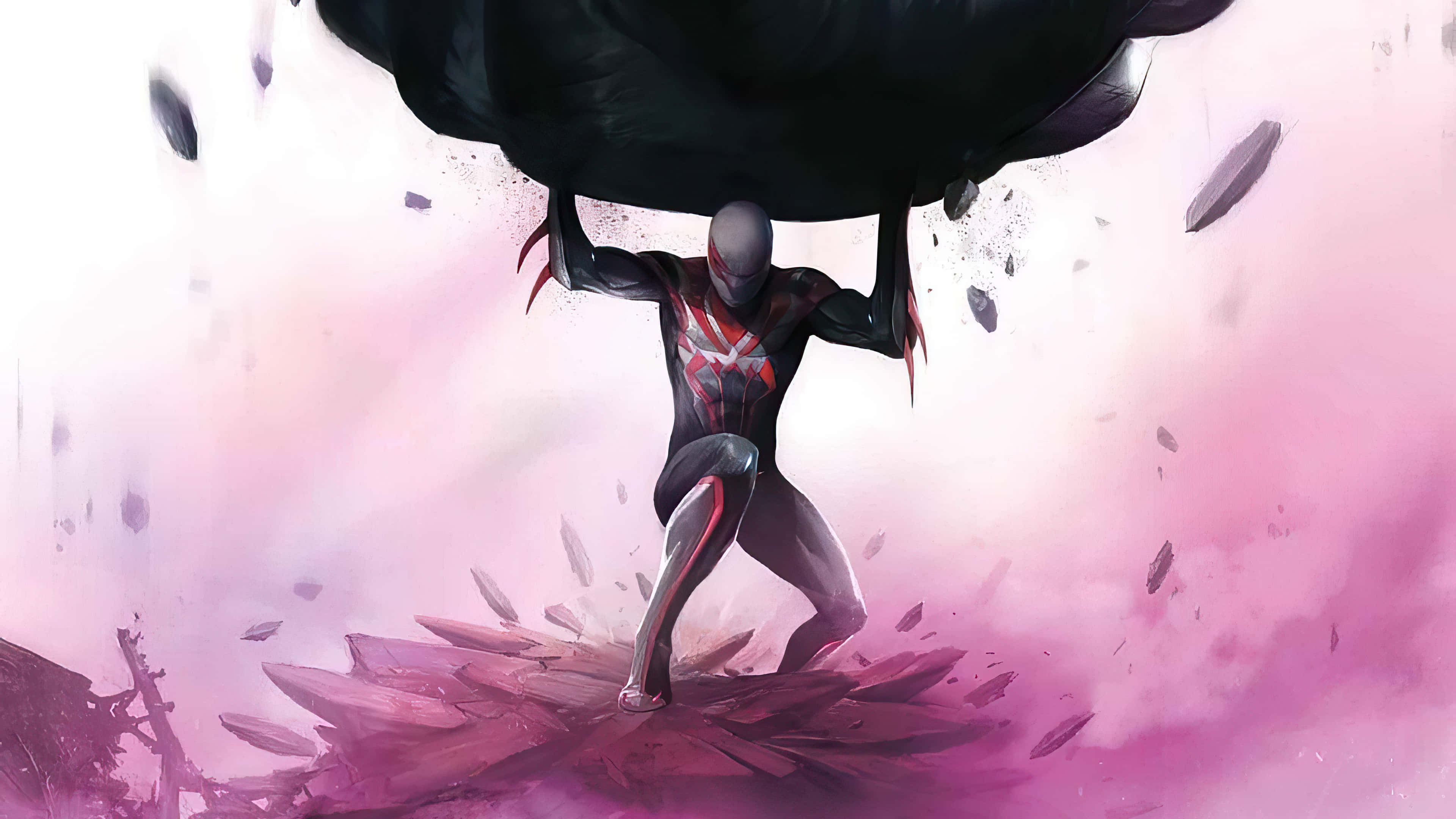 Spider Man 2099 桌布 壁紙 — 蜘蛛人將一塊巨大的黑色巨石高舉過頭，破碎的紫色水晶在他周圍爆炸，形成一個動態的數位藝術場景。