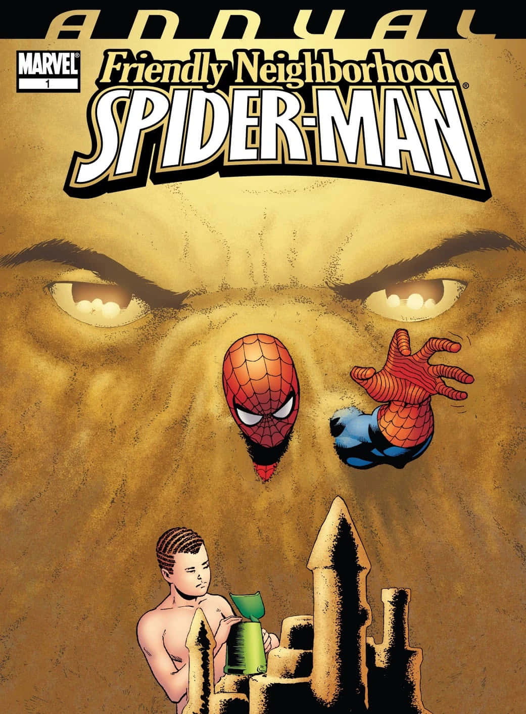 Friendly Neighborhood Spider-man 桌布 壁紙 — 蜘蛛人從一個巨大的沙堡躍起，一個發光的眼睛的威脅面孔注視著一個正在建造它的男孩。