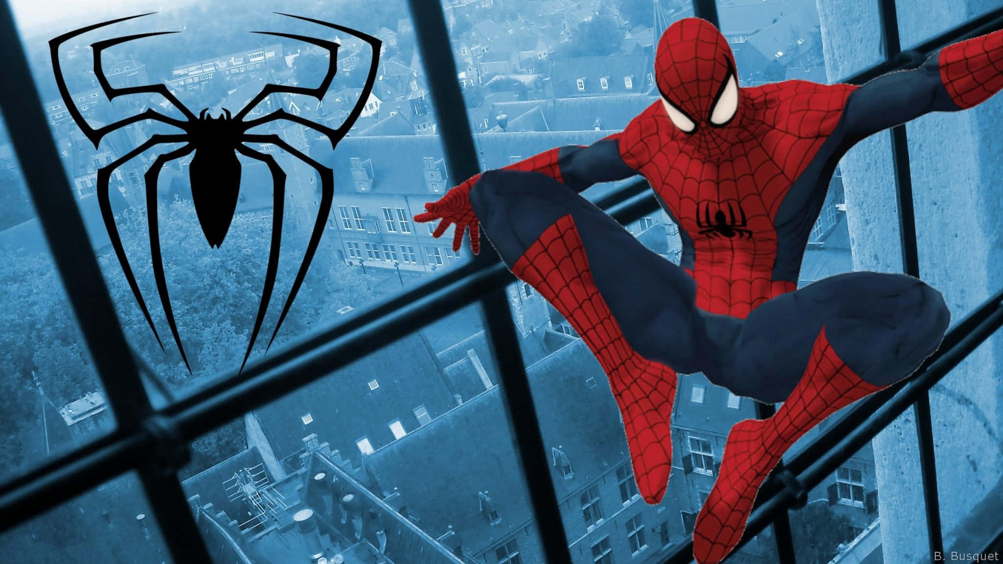 Spider-man Blue 桌布 壁紙 — 蜘蛛人從玻璃窗看到的城市景觀中擺盪，並疊加了一個大型蜘蛛標誌。