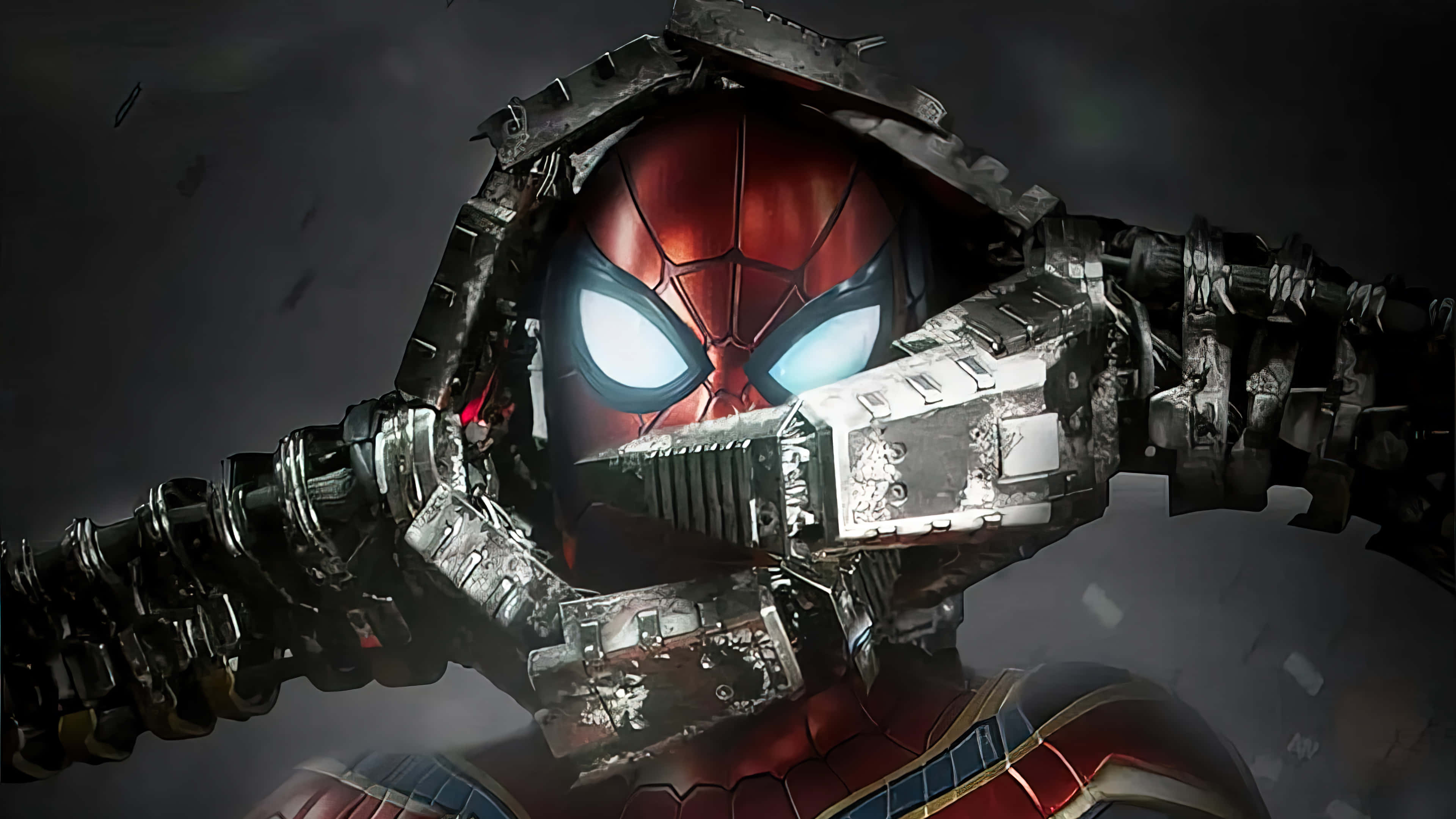 Spider Man No Way Home 桌布 壁紙 — 蜘蛛人從破碎的金屬中出現，眼睛發光，帶有機械臂，場景黑暗而粗獷。
