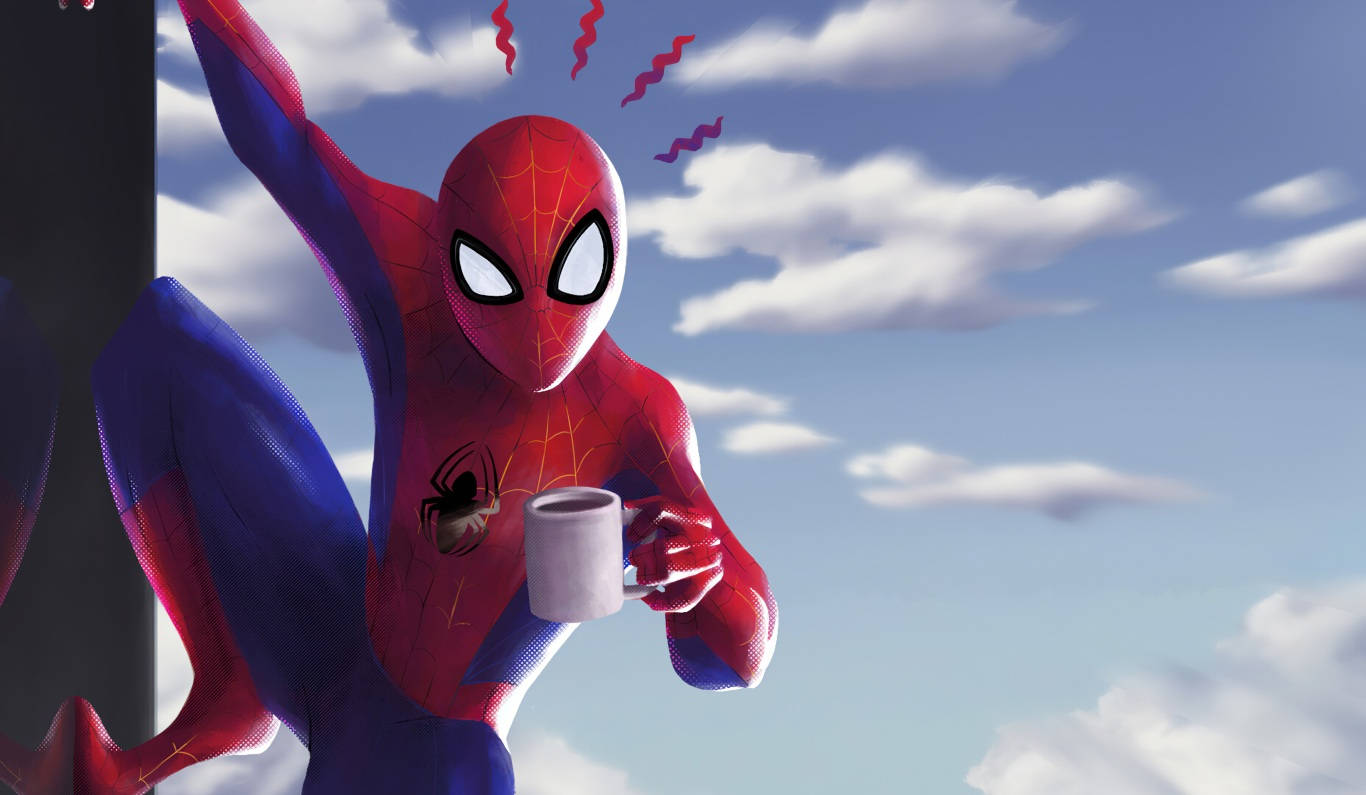 Spiderman 1366x768 桌布 壁紙 — 蜘蛛人懸掛在建築物上，手持一個杯子，頭頂有紅色能量線在陰天天空下盤旋。