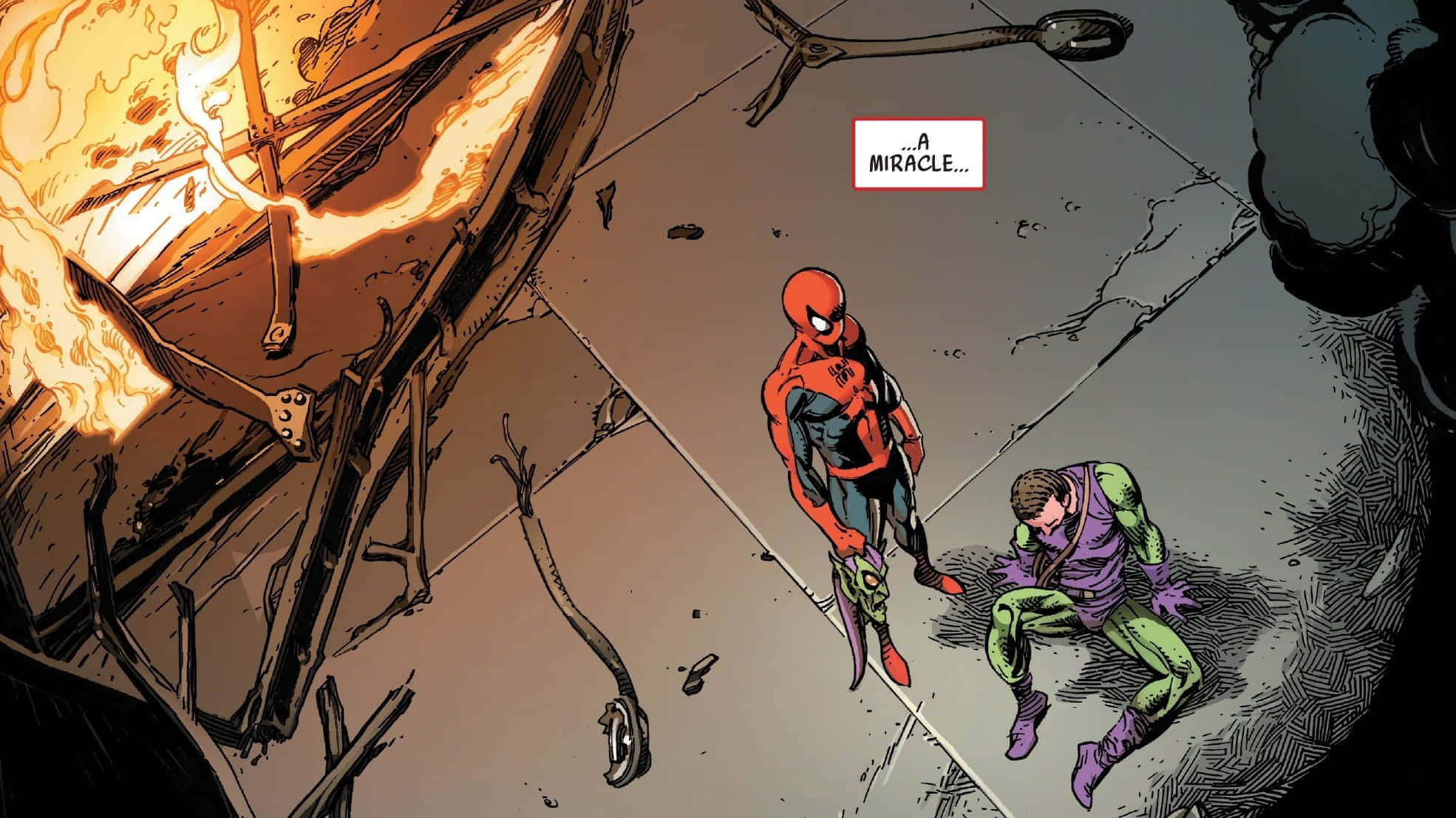 Norman Osborn 桌布 壁紙 — 蜘蛛人戰勝了一個被打敗的綠色皮膚反派，周圍是燃燒的殘骸和破碎的碎片。