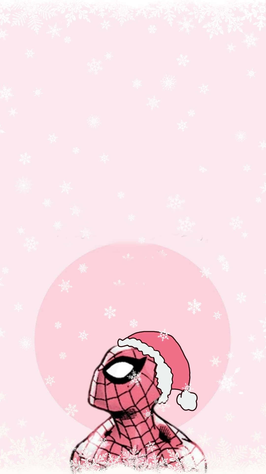 Marvel Christmas 桌布 壁紙 — 蜘蛛人戴著紅色聖誕帽，站在柔和的粉紅色背景前，雪花飄落，身後有圓形光暈。