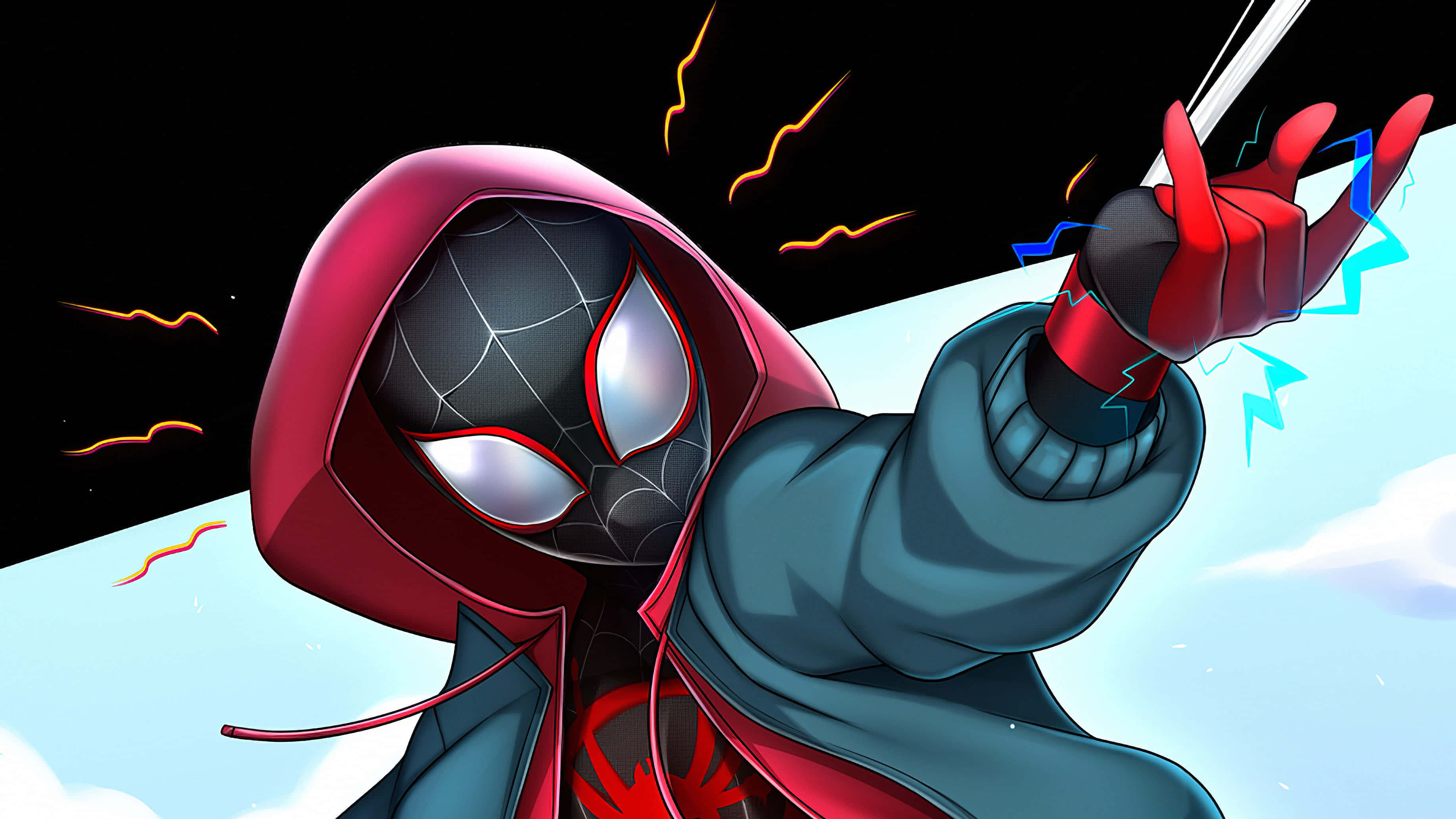 Spider-man Spider Sense 桌布 壁紙 — 蜘蛛人戴著紅色連帽衫和藍色外套，在天空中擺盪，手中迸發出電光藍色和橙色的能量。
