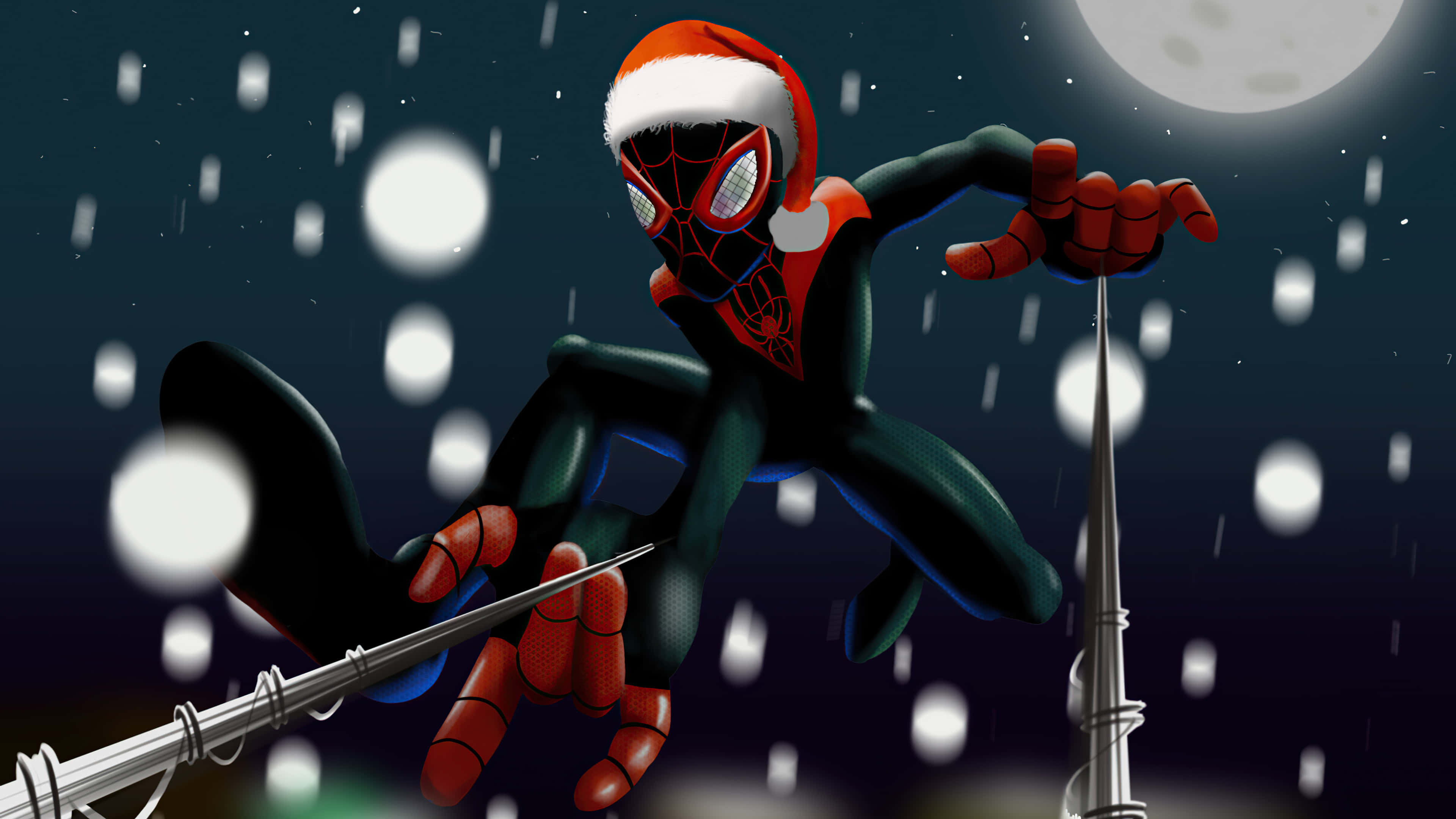 Marvel Christmas 桌布 壁紙 — 蜘蛛人戴著聖誕帽在滿月下飄雪的夜空中擺盪。