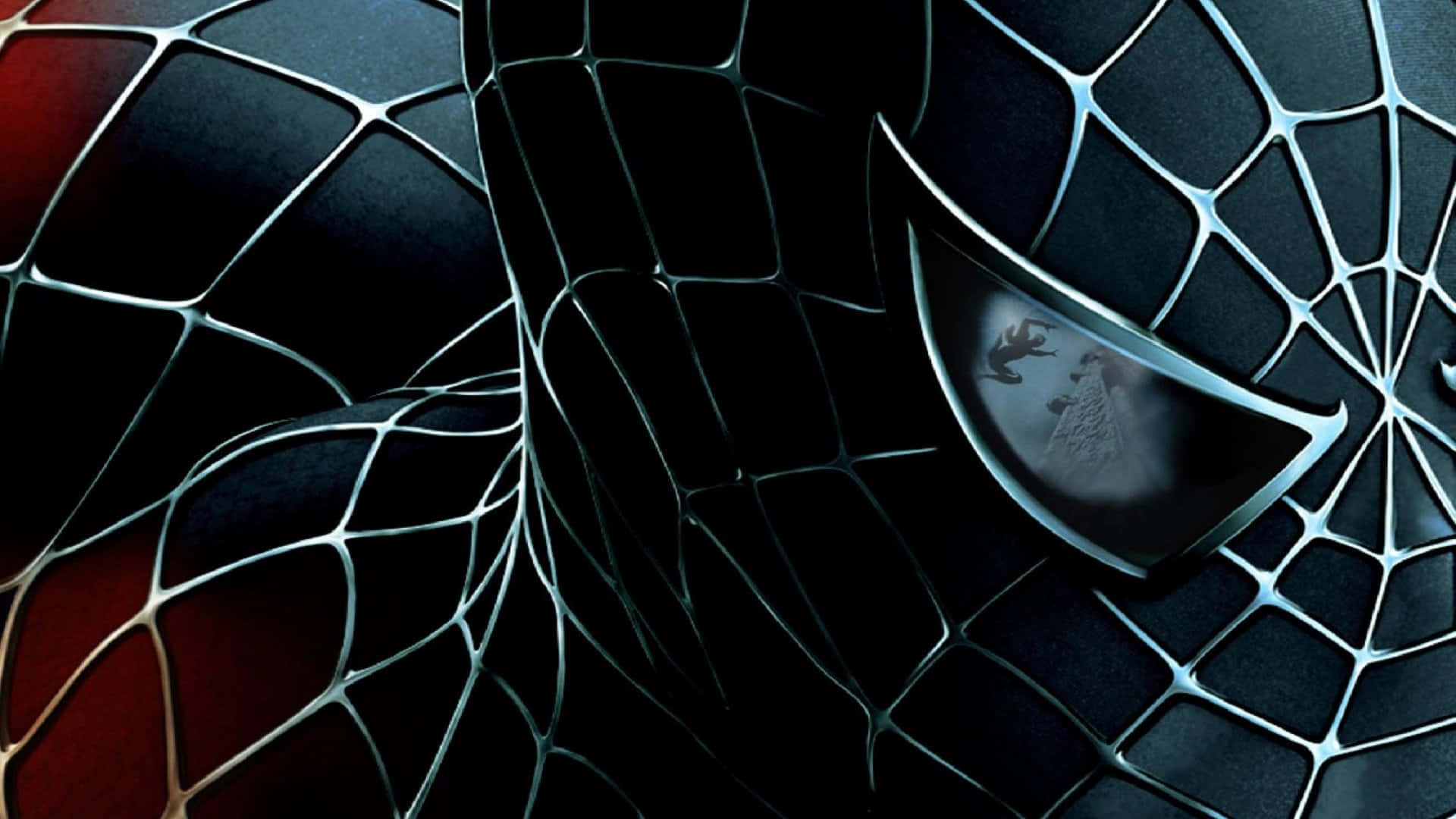 Spider Man 3 桌布 壁紙 — 蜘蛛人戴面具的臉部特寫，帶有發光的銀色蛛網和紅色點綴，反映動態的動作場景。