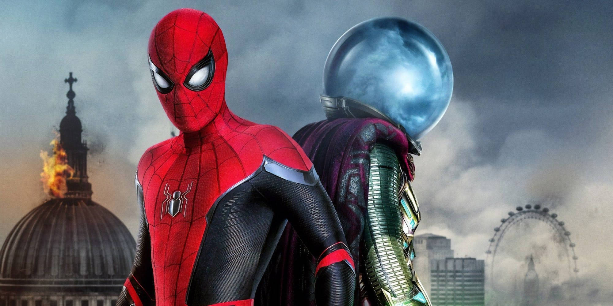 Spider Man Far From Home 桌布 壁紙 — 蜘蛛人挑釁地站在一個金屬裝束的惡棍旁邊，背景是煙霧瀰漫的城市景觀，有一個燃燒的圓頂和摩天輪。
