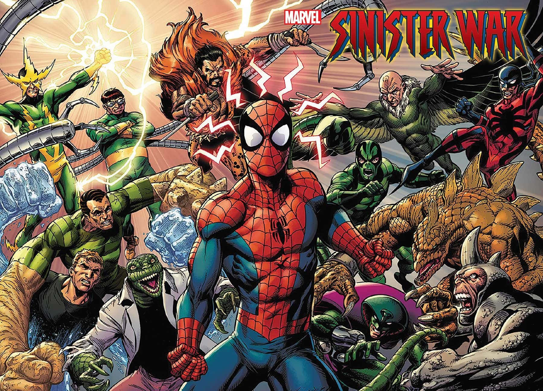 Sinister Six 桌布 壁紙 — 蜘蛛人挑釁地站在中央，而一群混亂的漫威反派包圍著他，形成一個動態的漫畫戰鬥場景。
