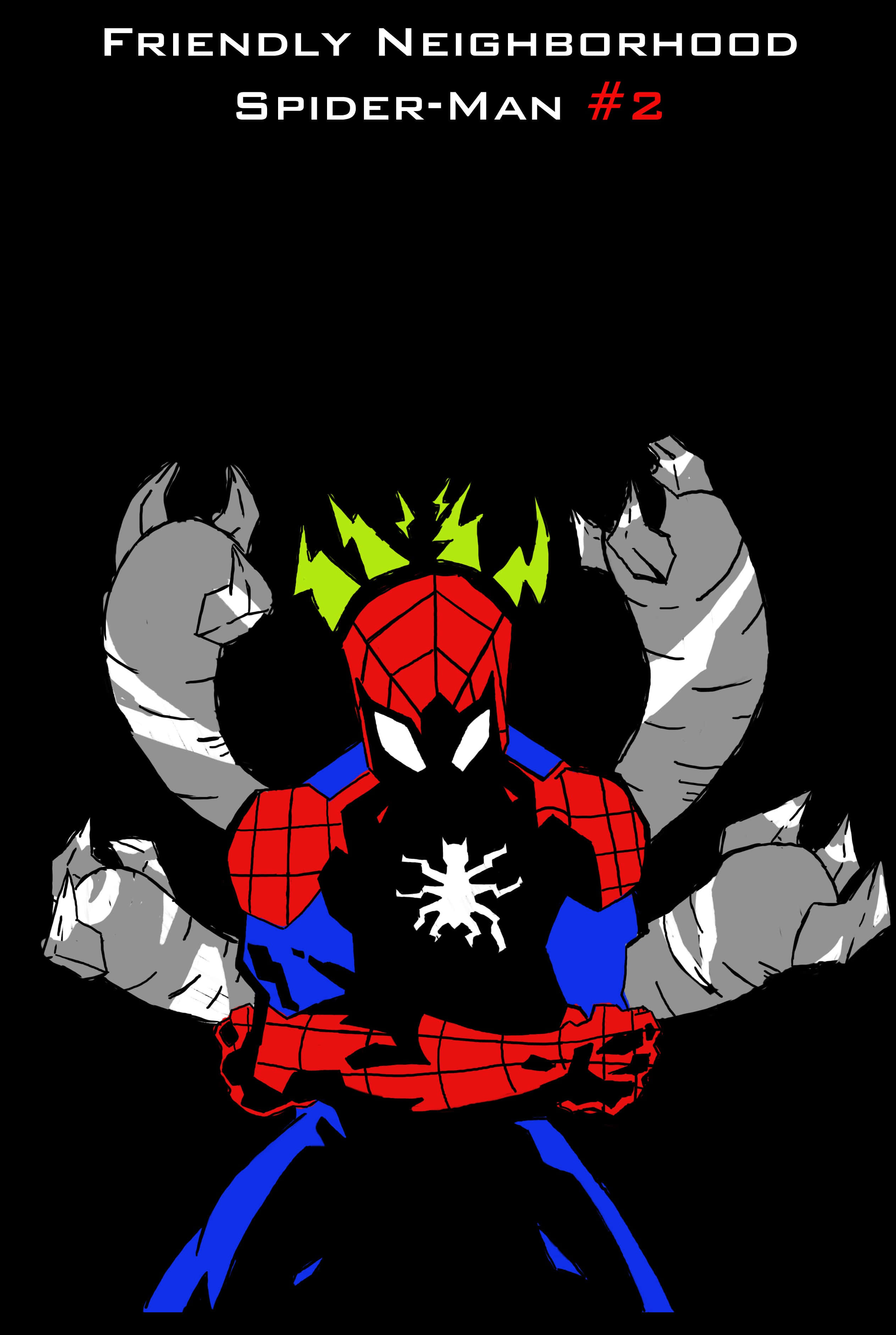 Friendly Neighborhood Spider-man 桌布 壁紙 — 蜘蛛人挑釁地站在黑色背景前，身後有發光的綠色頭髮和四個灰色石拳隱現。
