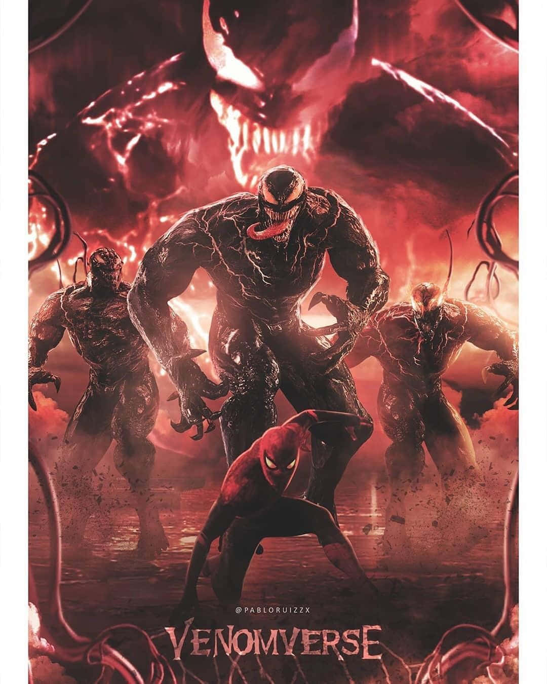 Venomverse 桌布 壁紙 — 蜘蛛人挑釁地蹲下，三個威脅性的猛毒共生體在火紅的地獄景觀中若隱若現。