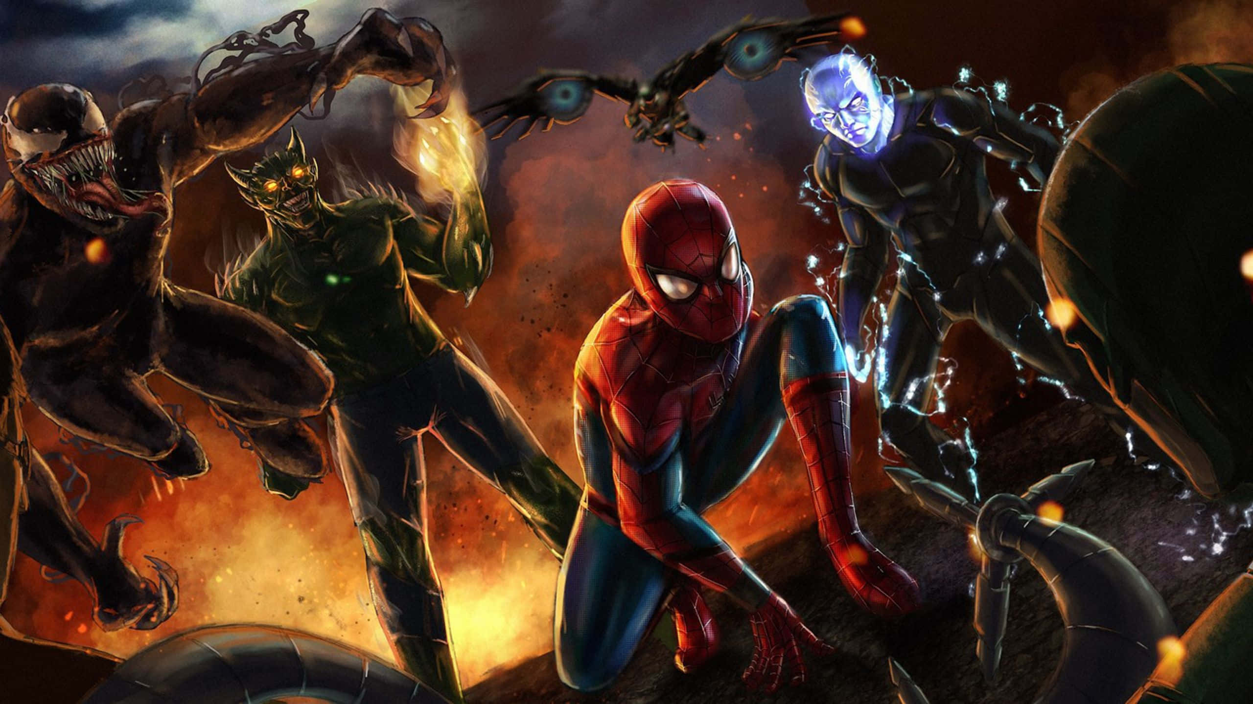 Sinister Six 桌布 壁紙 — 蜘蛛人挑釁地蹲下，而猛毒屠殺和其他反派在火熱的戰鬥場景中蜂擁而至。