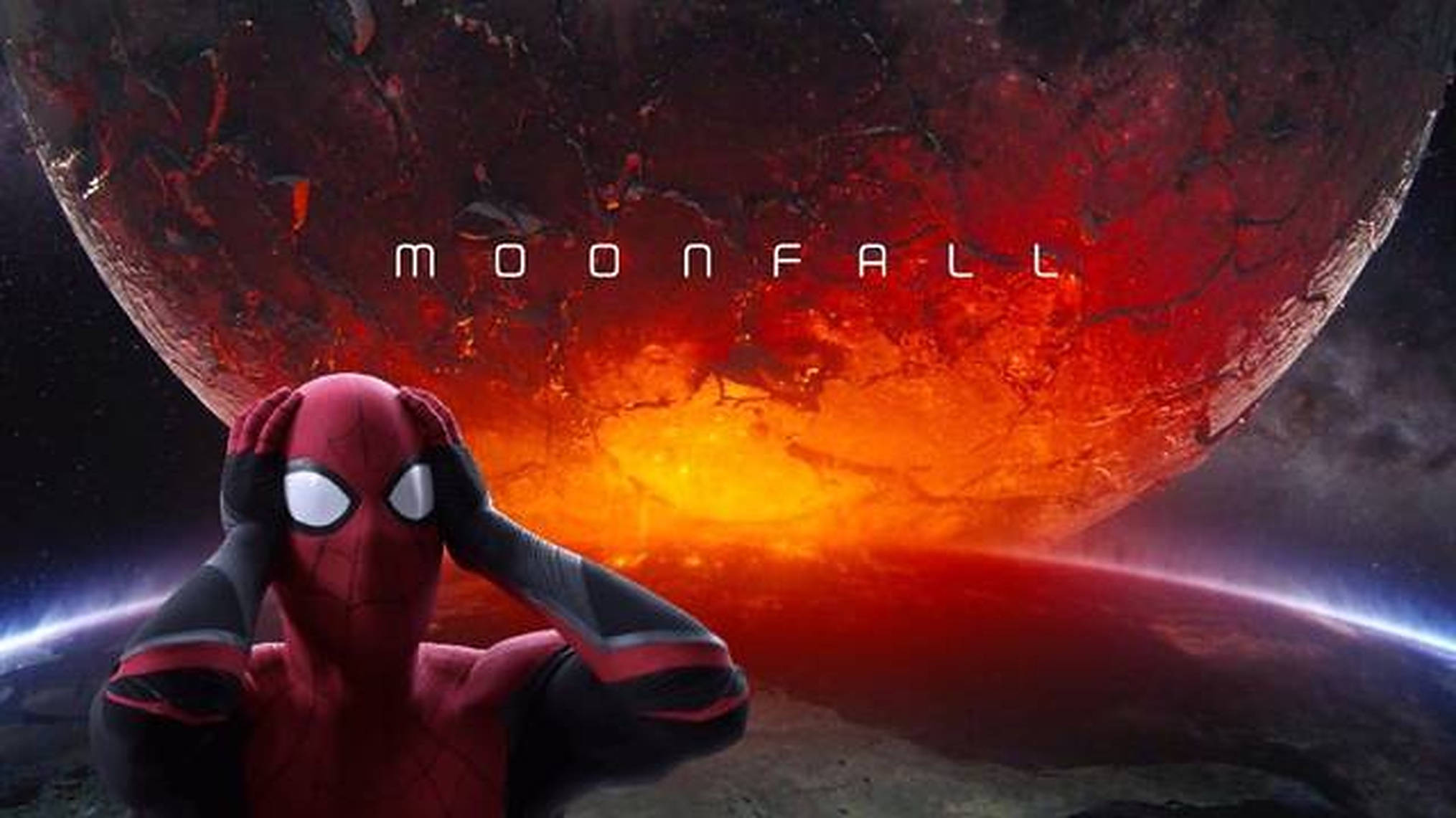 Moonfall 桌布 壁紙 — 蜘蛛人捂住耳朵，一輪熾熱的紅月危險地逼近地球，構成戲劇性的科幻場景。