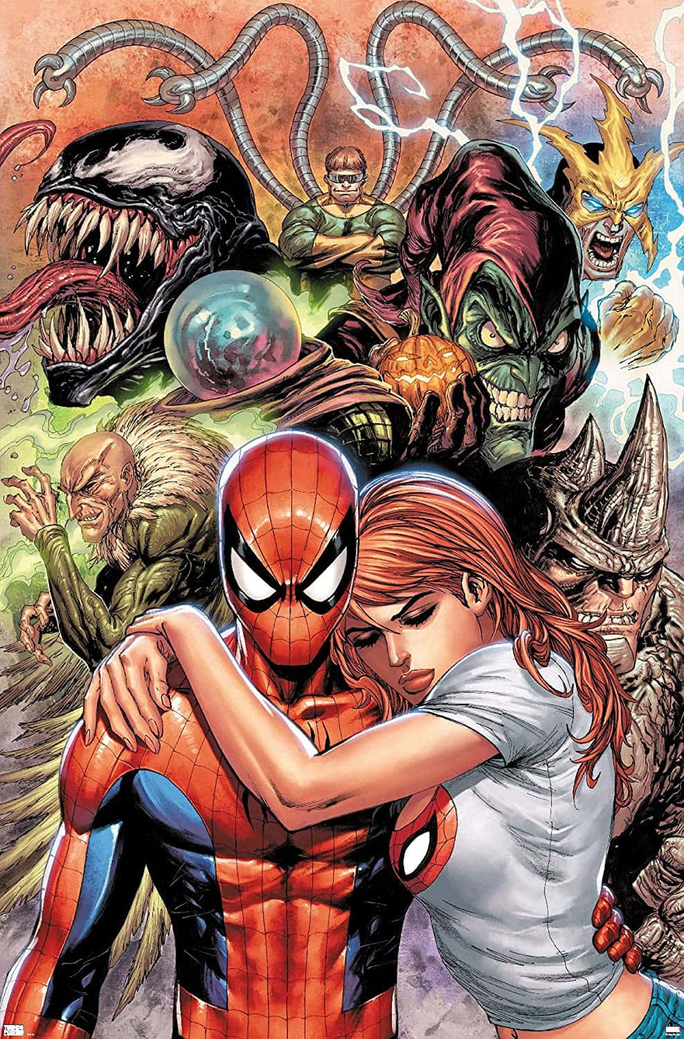 Sinister Six 桌布 壁紙 — 蜘蛛人擁抱瑪麗·珍，而像猛毒和綠惡魔等威脅性反派在背景中隱現。