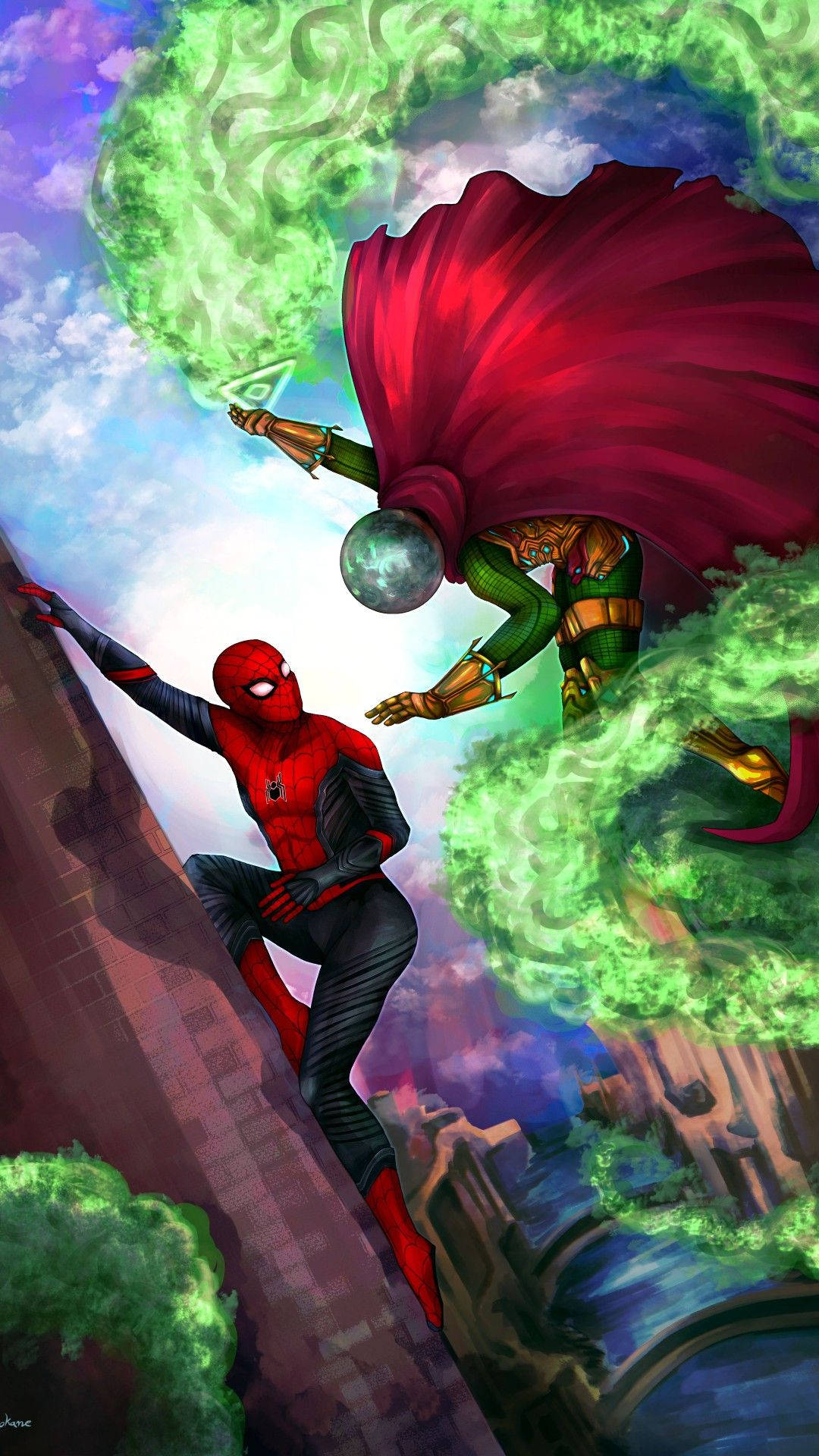 Spider Man Far From Home 桌布 壁紙 — 蜘蛛人爬上建築物，而八爪博士懸浮在上方，帶有綠色能量觸手和發光球體。