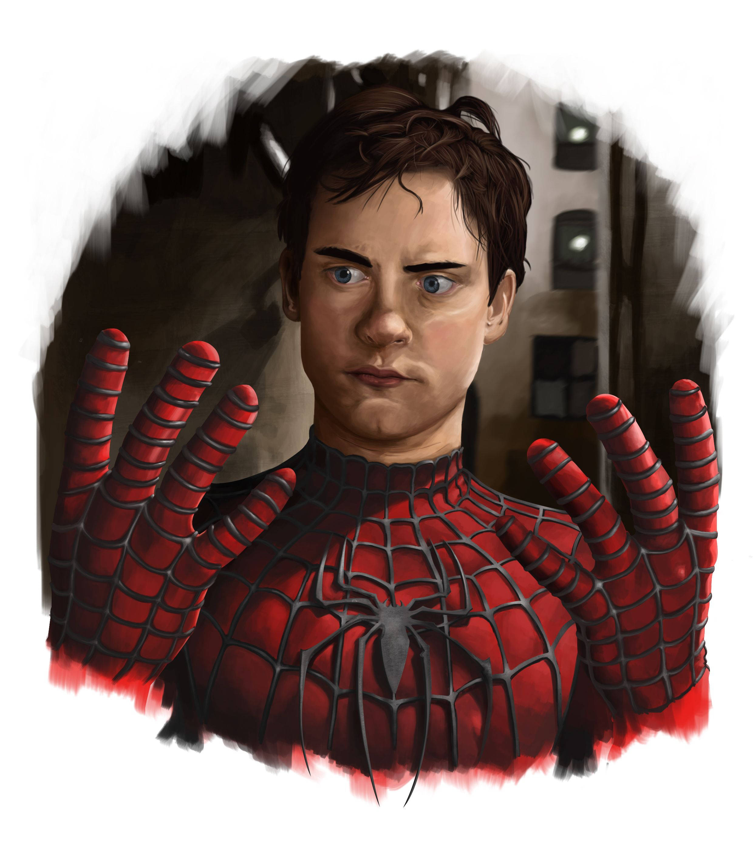 Tobey Maguire 桌布 壁紙 — 蜘蛛人的數位藝術肖像，擁有強烈的藍色眼睛和紅色網狀服裝，在黑暗的城市背景下被一個撕裂的洞框住。