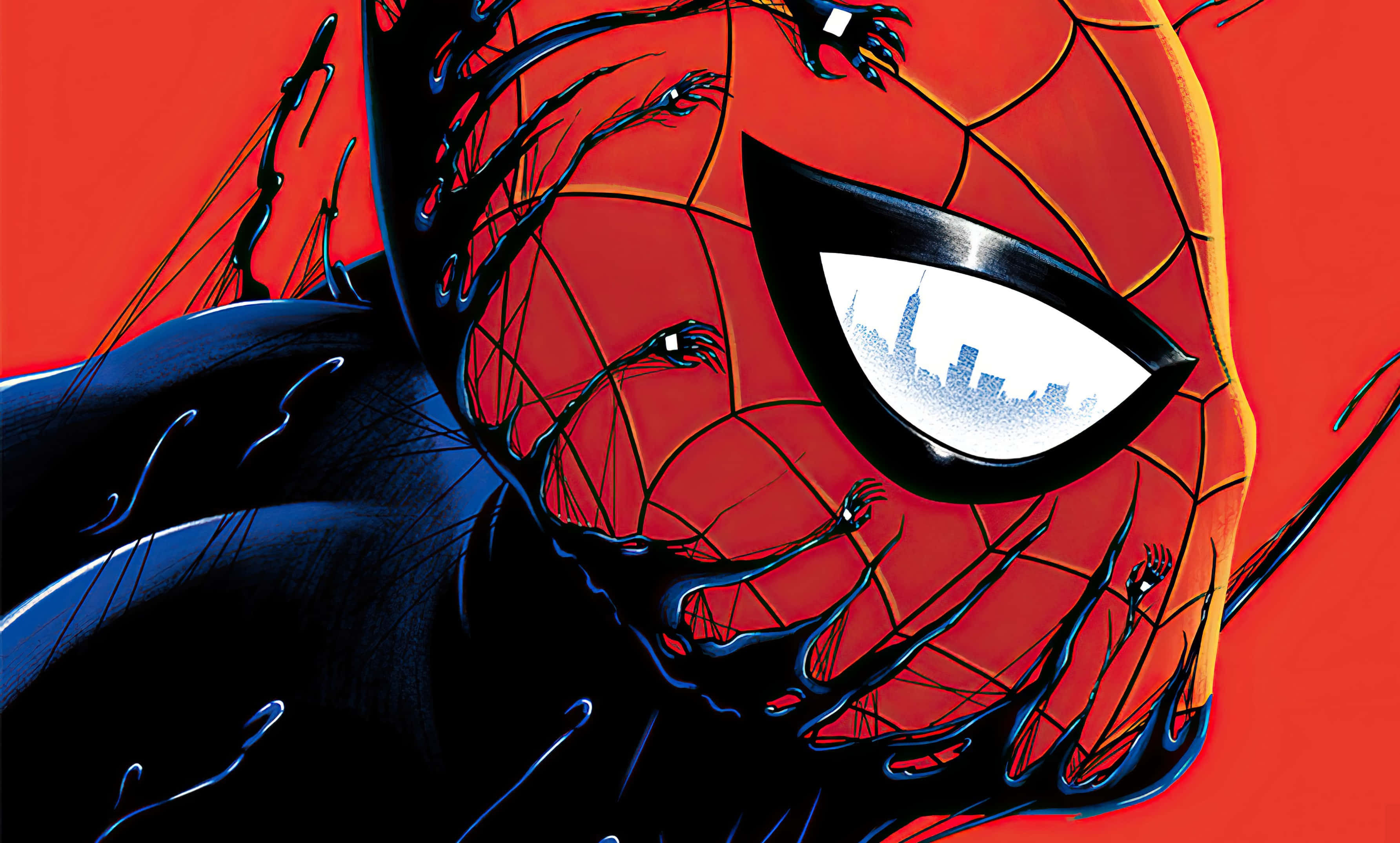Spider Man Comic 桌布 壁紙 — 蜘蛛人的臉被黑色觸手部分融化，背景是火紅色的，他的眼睛反射出城市景觀。