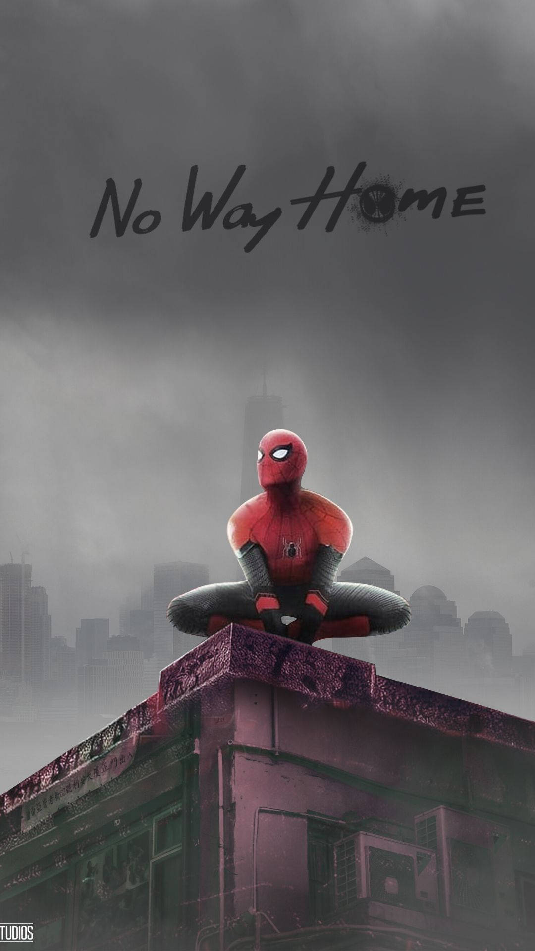 Spider Man No Way Home 桌布 壁紙 — 蜘蛛人盤腿坐在屋頂上，背景是陰沉的城市天際線，天空黑暗風暴，上方有「No Way Home」文字。