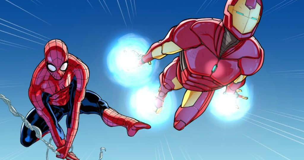 Iron Man Comics 桌布 壁紙 — 蜘蛛人盪向鋼鐵人，鋼鐵人向前飛翔並在明亮的藍天下發射斥力炮。